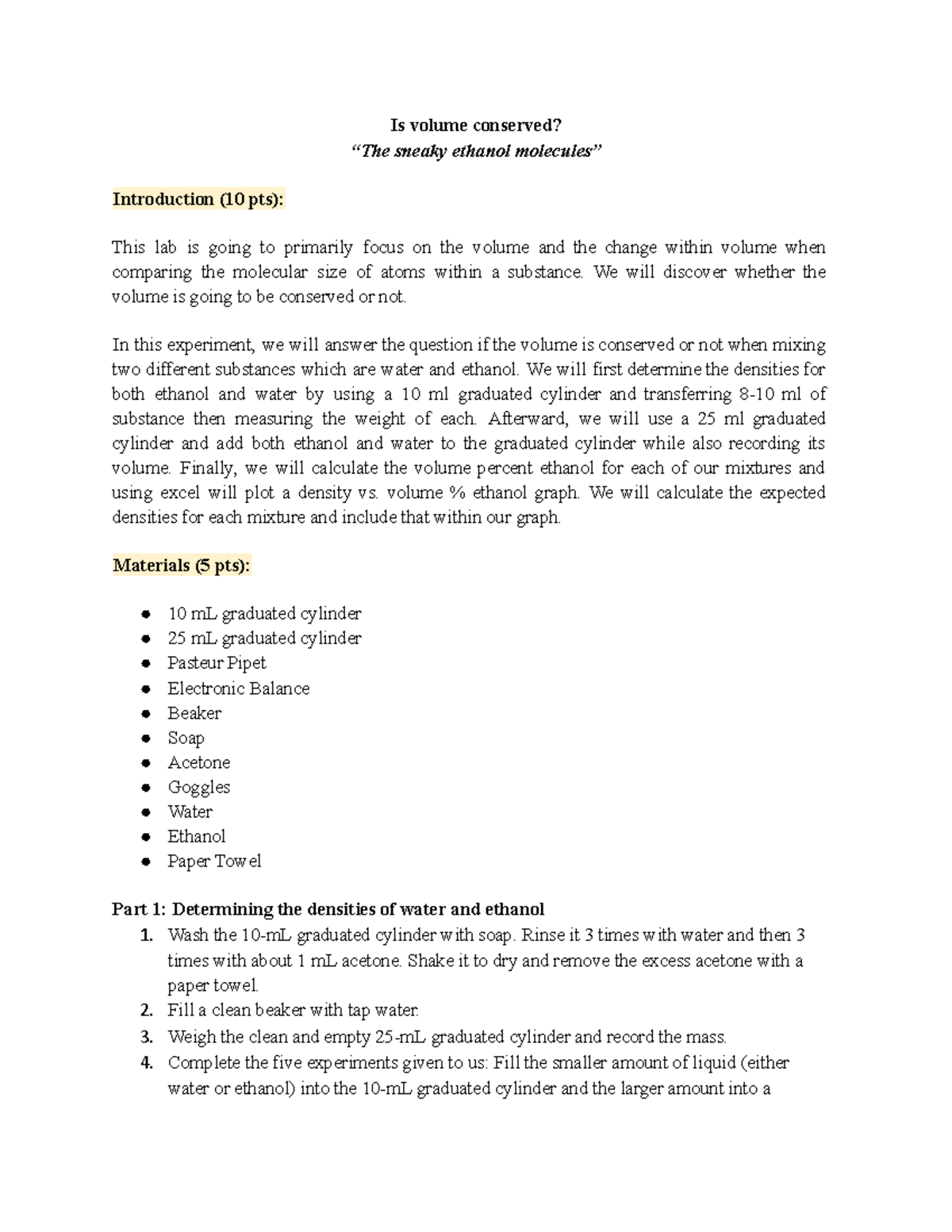 CHEM223: LAB REPORT - Is volume conserved? “The sneaky ethanol ...