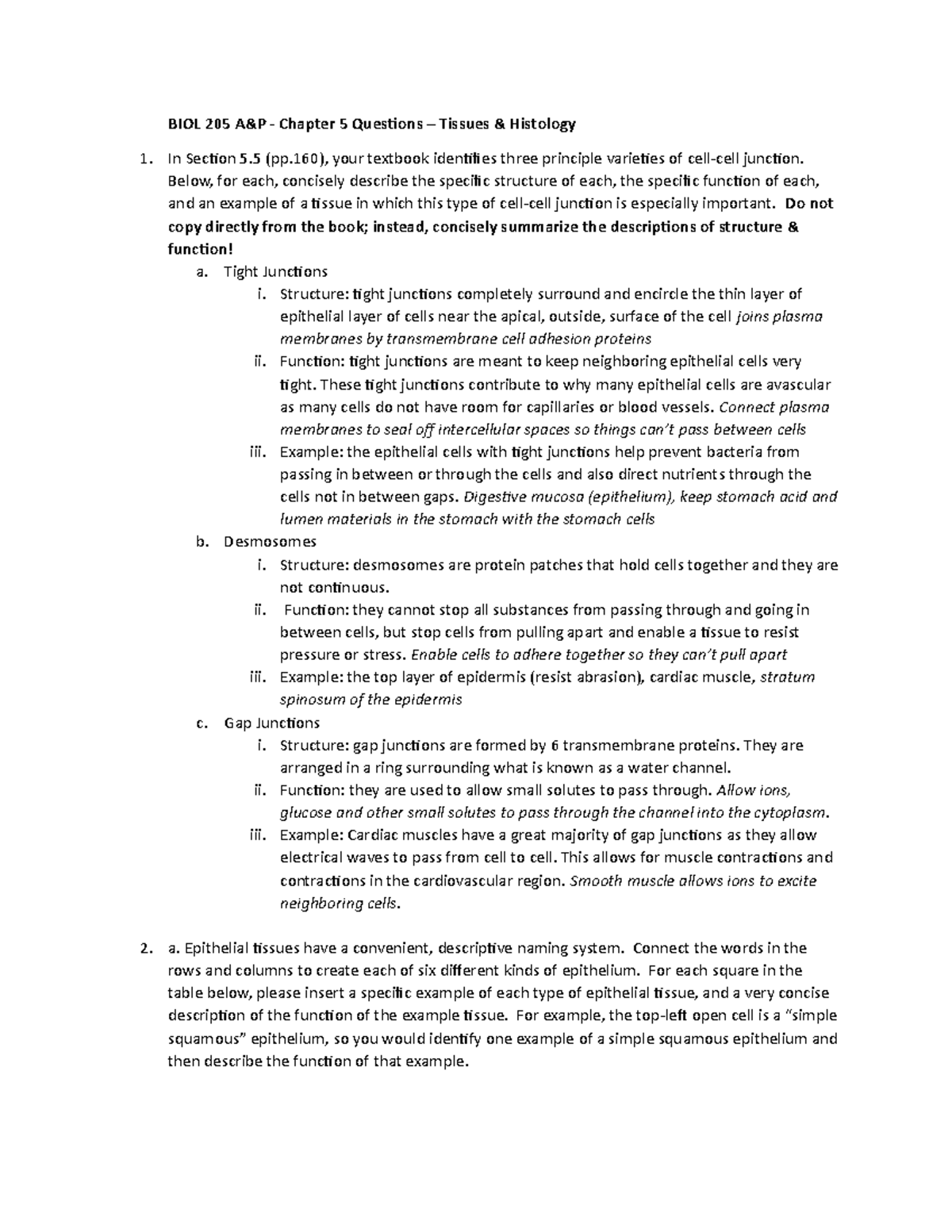 Chapter 5 Tissues Questions-1 - BIOL 205 A&P - Chapter 5 Questions ...