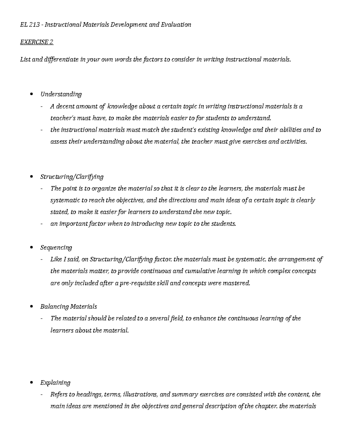 EL 213 Lesson 5 Exercise 2 EL 213 Instructional Materials Development and Evaluation