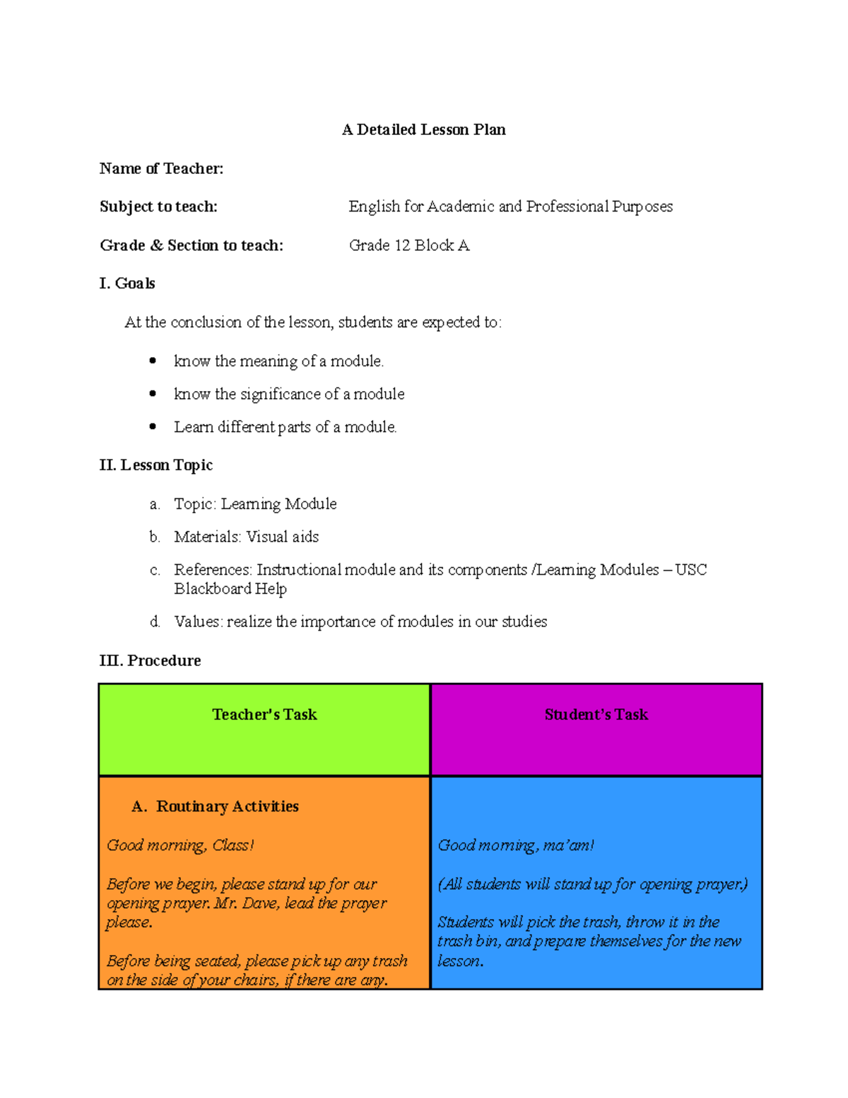 A Detailed Lesson Plan - A Detailed Lesson Plan Name Of Teacher 