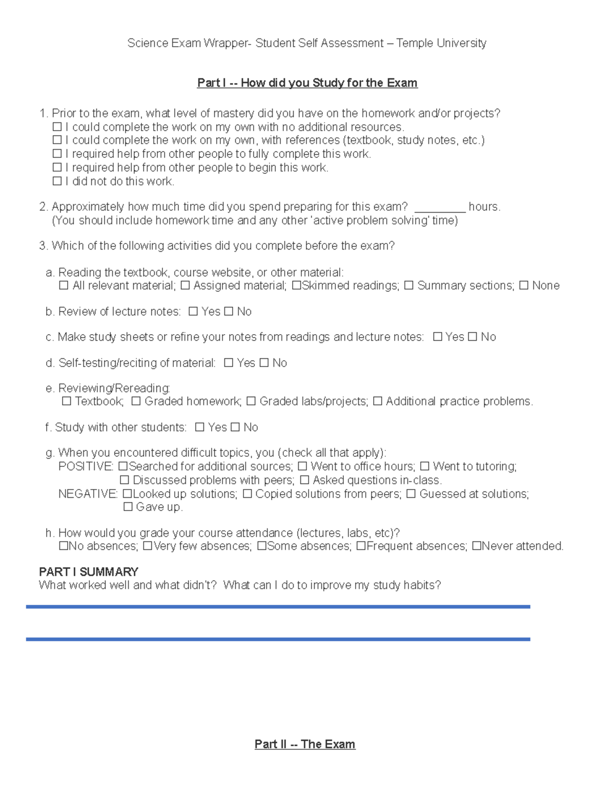 Science Exam Wrapper Template Science Exam Wrapper Student Self