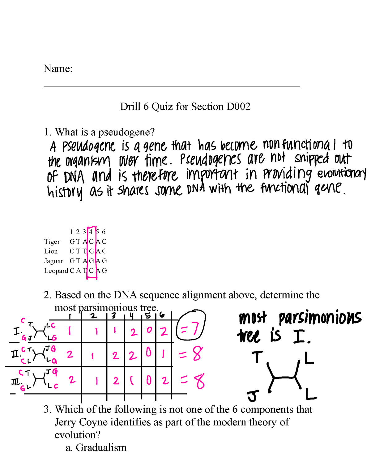 Evolutionary Biology Drill 6 Quiz Name Drill 6 Quiz For Section D 