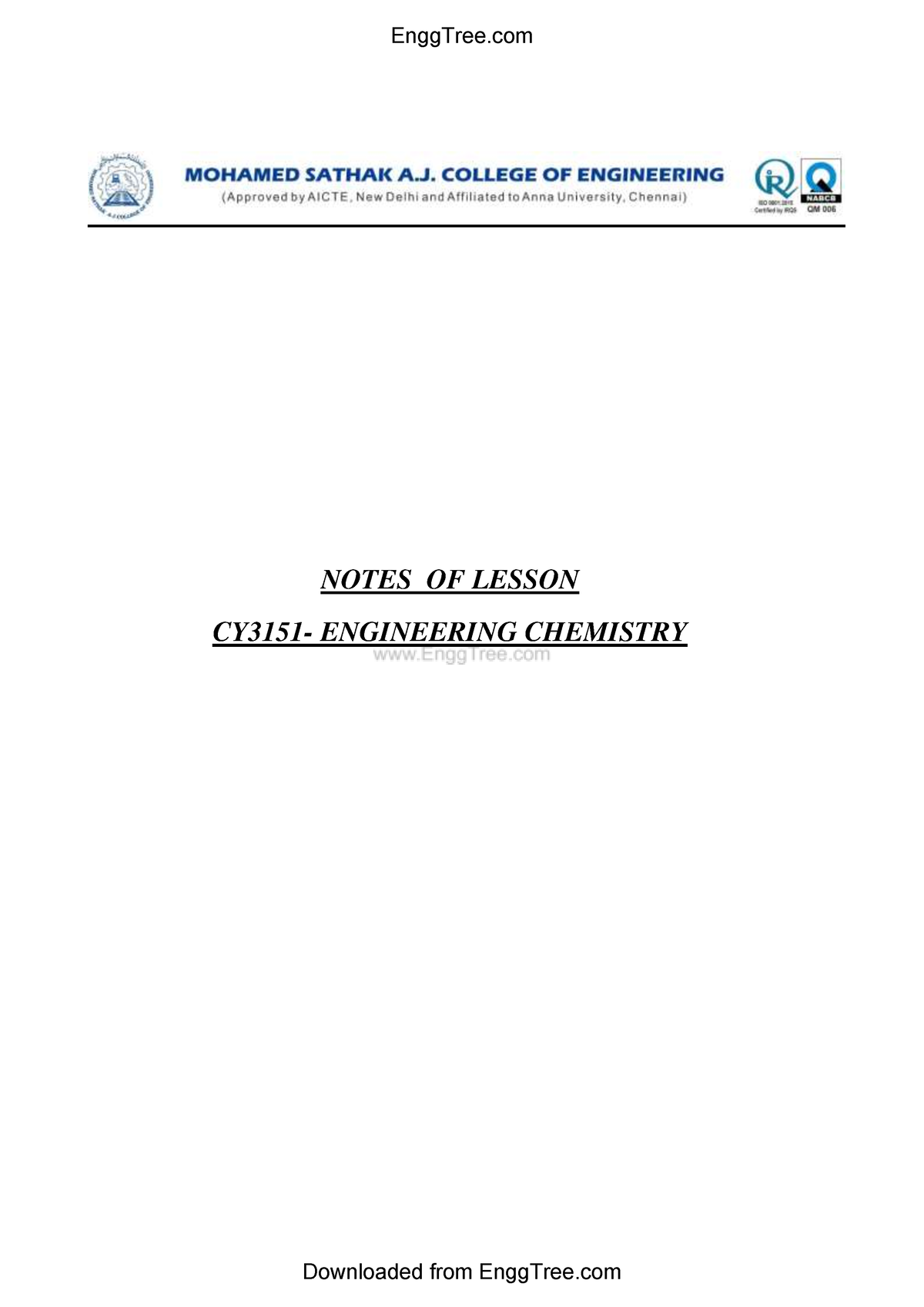 CY3151 Engineering Chemistry Lecture Notes 2 - NOTES OF LESSON CY3151 ...