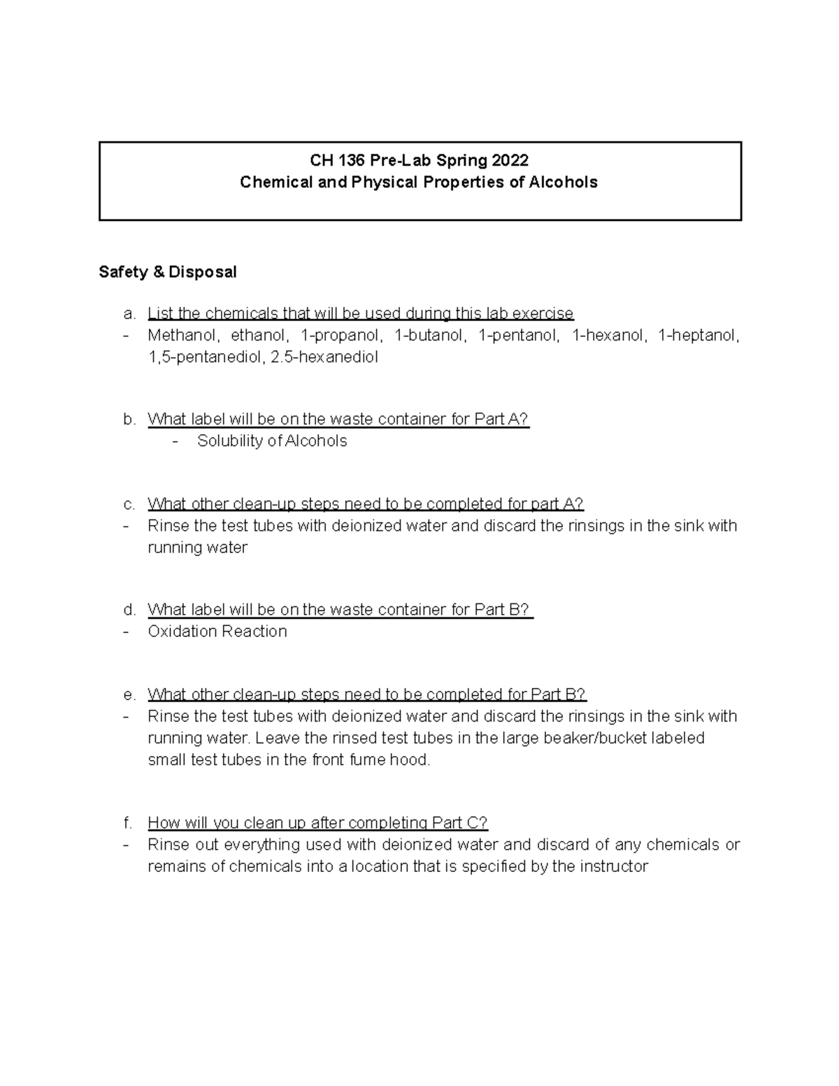 Properties of Alc's prelab CH 136 PreLab Spring 2022 Chemical and Physical Properties of