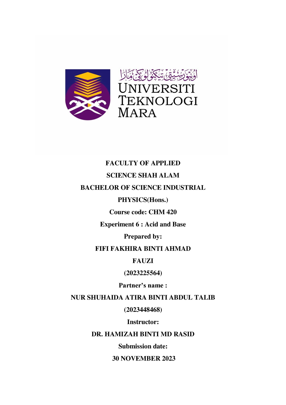 lab report chm420 experiment 6