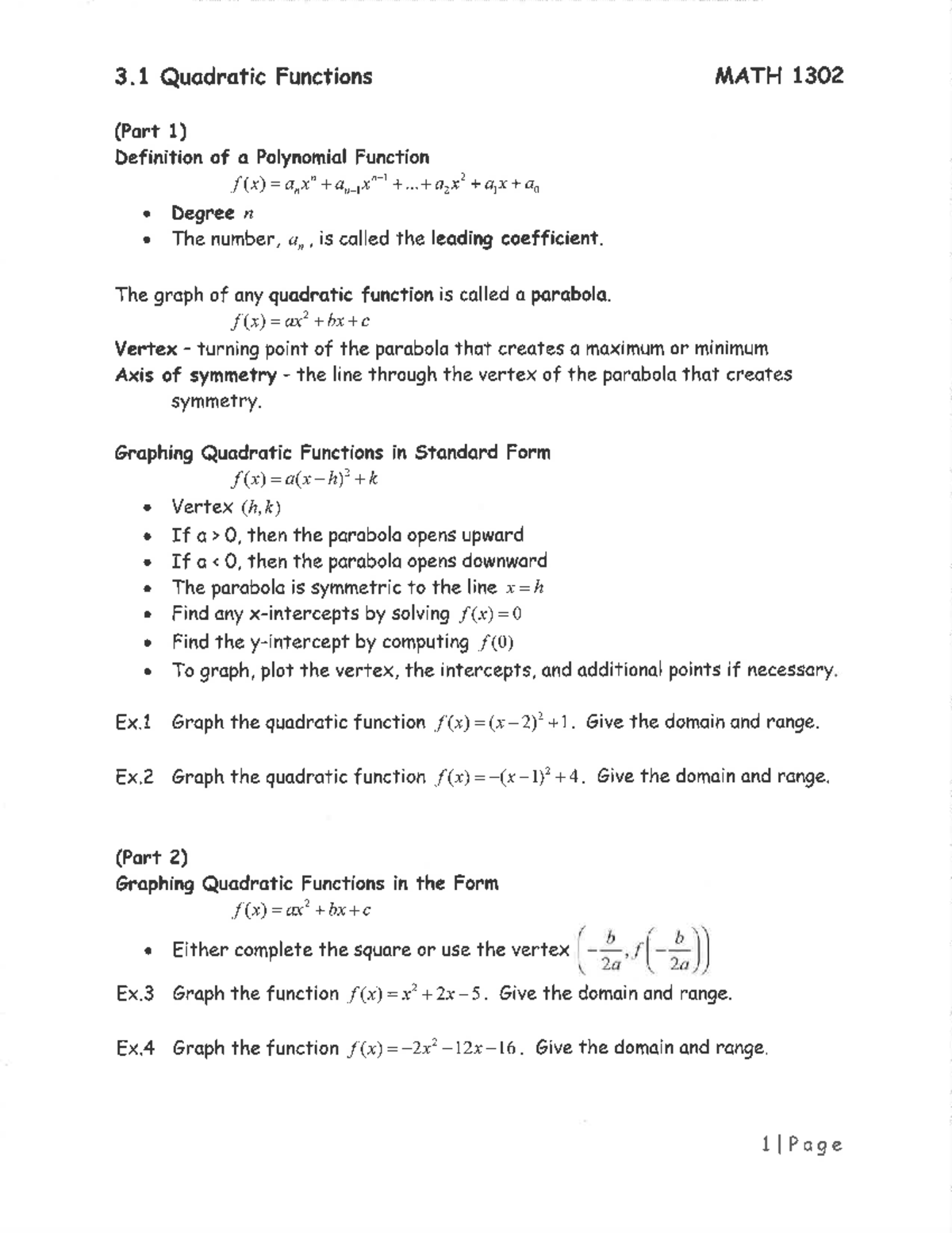 College Algebra Chapter 3.1 - 3 Quadratic Functions MATH 1302 (Part 1 ...