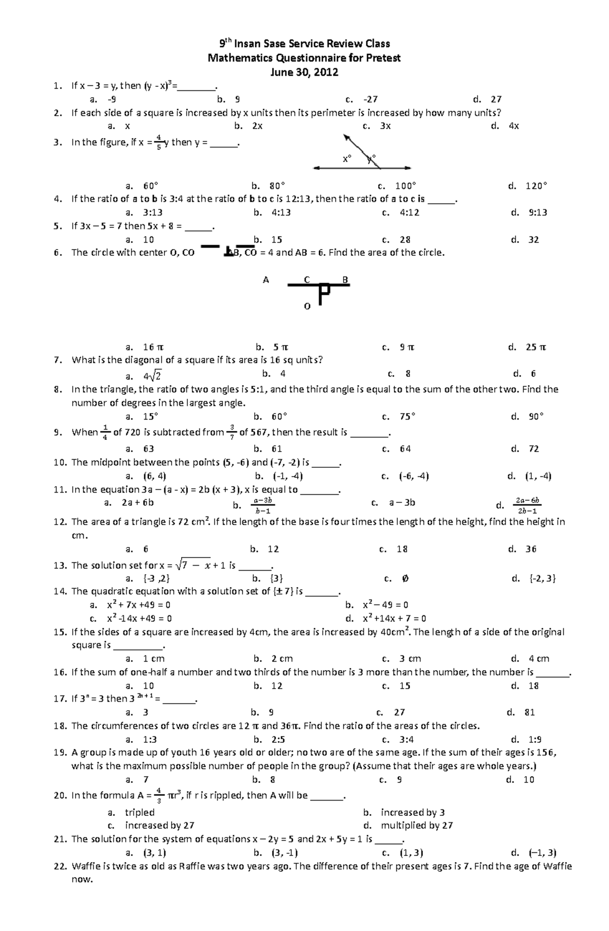 Pre-Sase-Math - lecture notes - 9 th Insan Sase Service Review Class ...