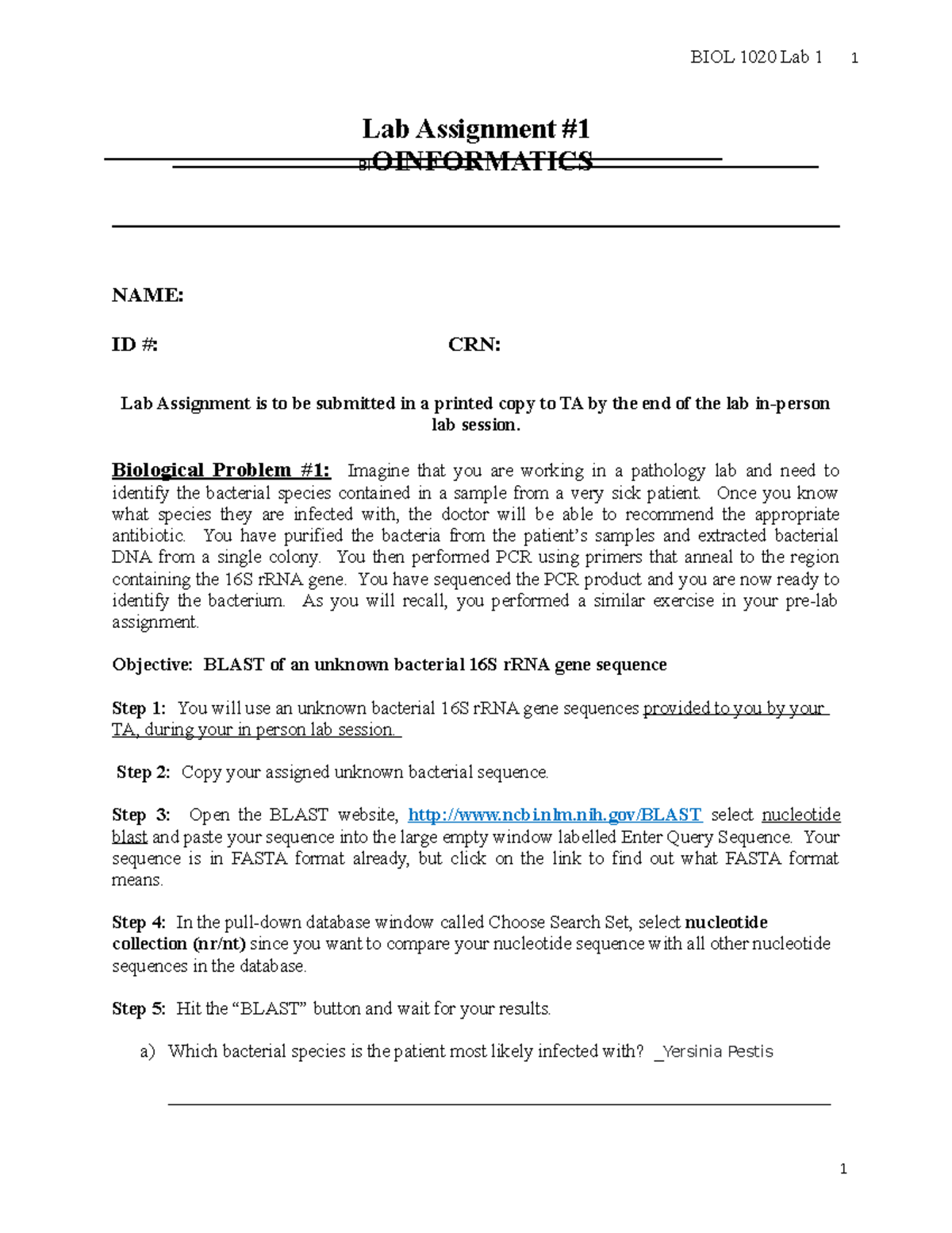 Lab 1 Bioinformatics Lab Assignment Lab Assignment BIOINFORMATICS