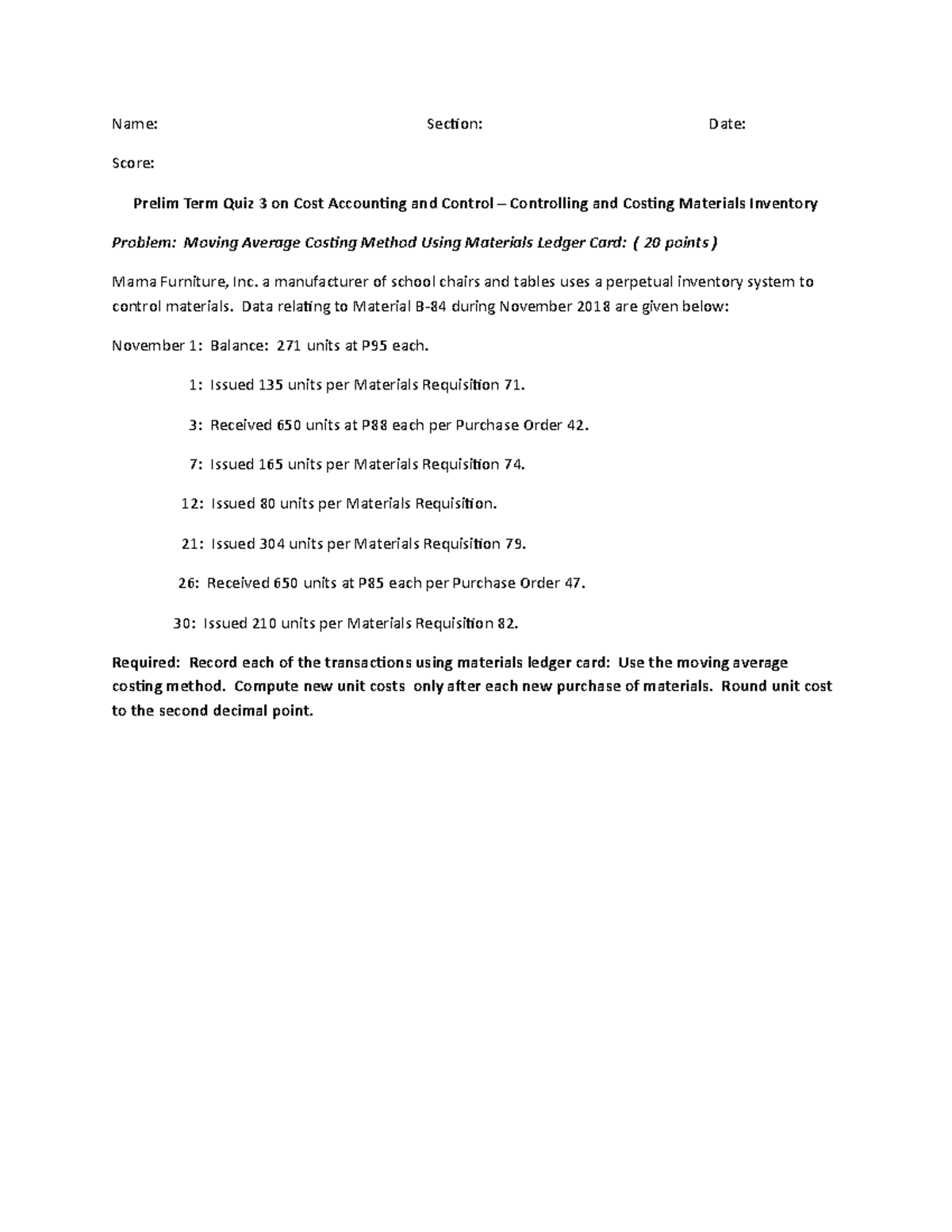Prelim Term Quiz 3 on Cost Accounting and Control - Controlling and ...