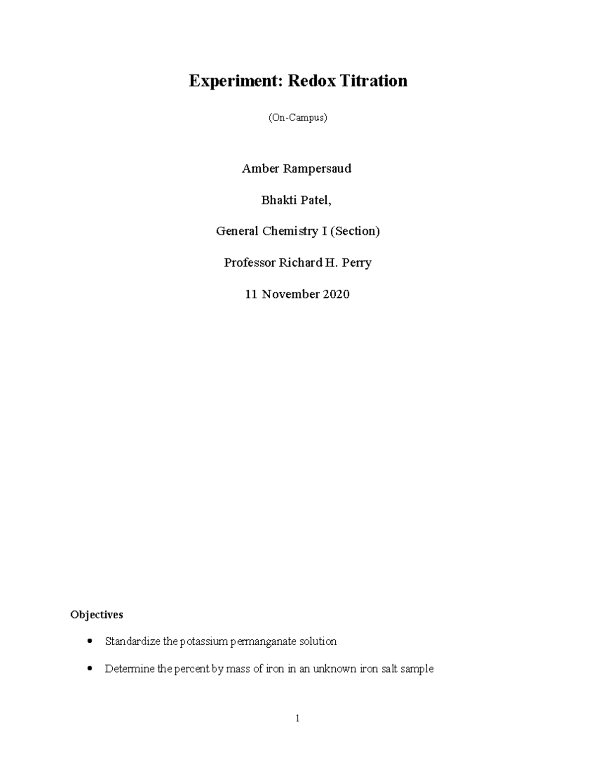 Redox Titration Lab Report Results Only - Experiment: Redox Titration ...