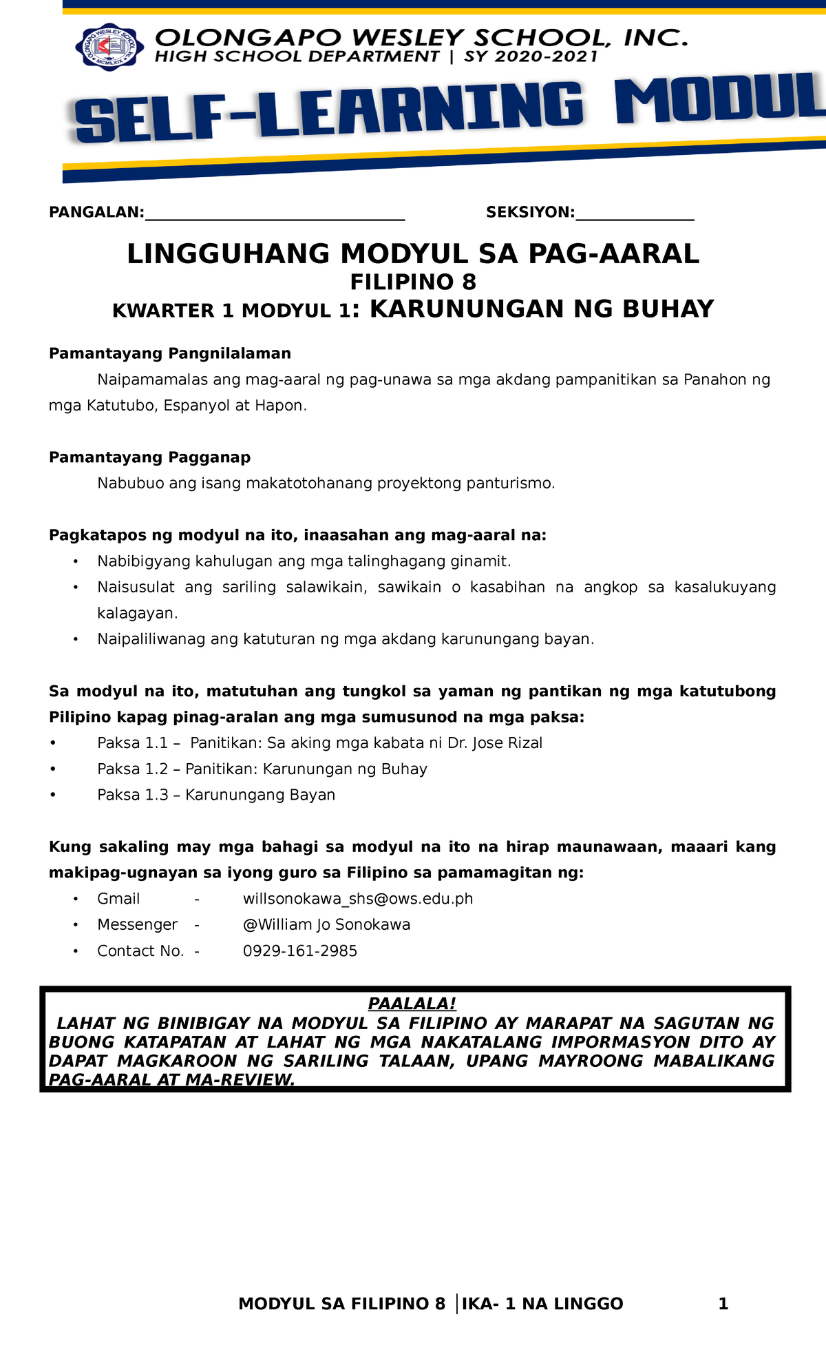 FIL.8 K1M1 Karunungan NG Buhay - Copy - PANGALAN ...