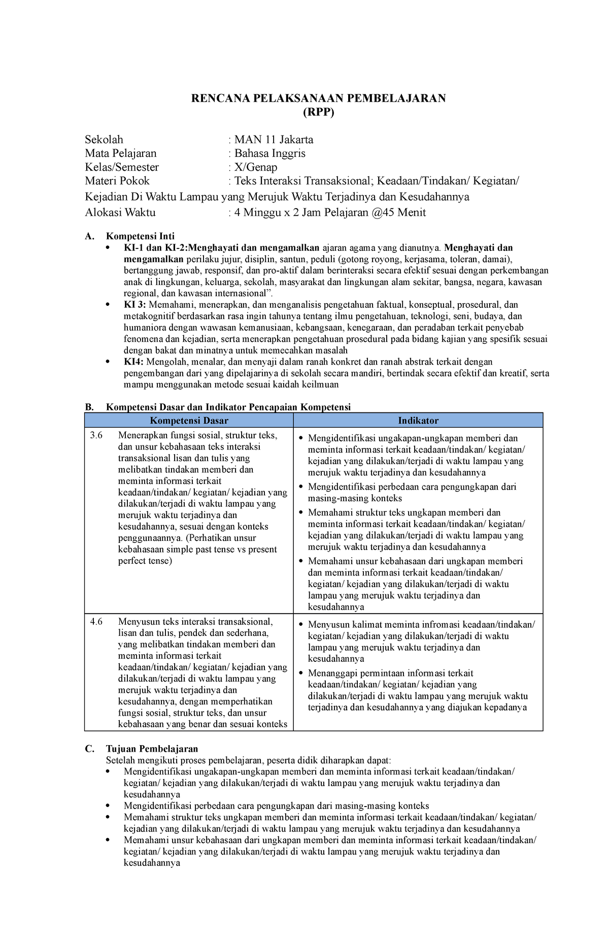 RPP Bahasa Inggris X BAB 6 - RENCANA PELAKSANAAN PEMBELAJARAN (RPP ...