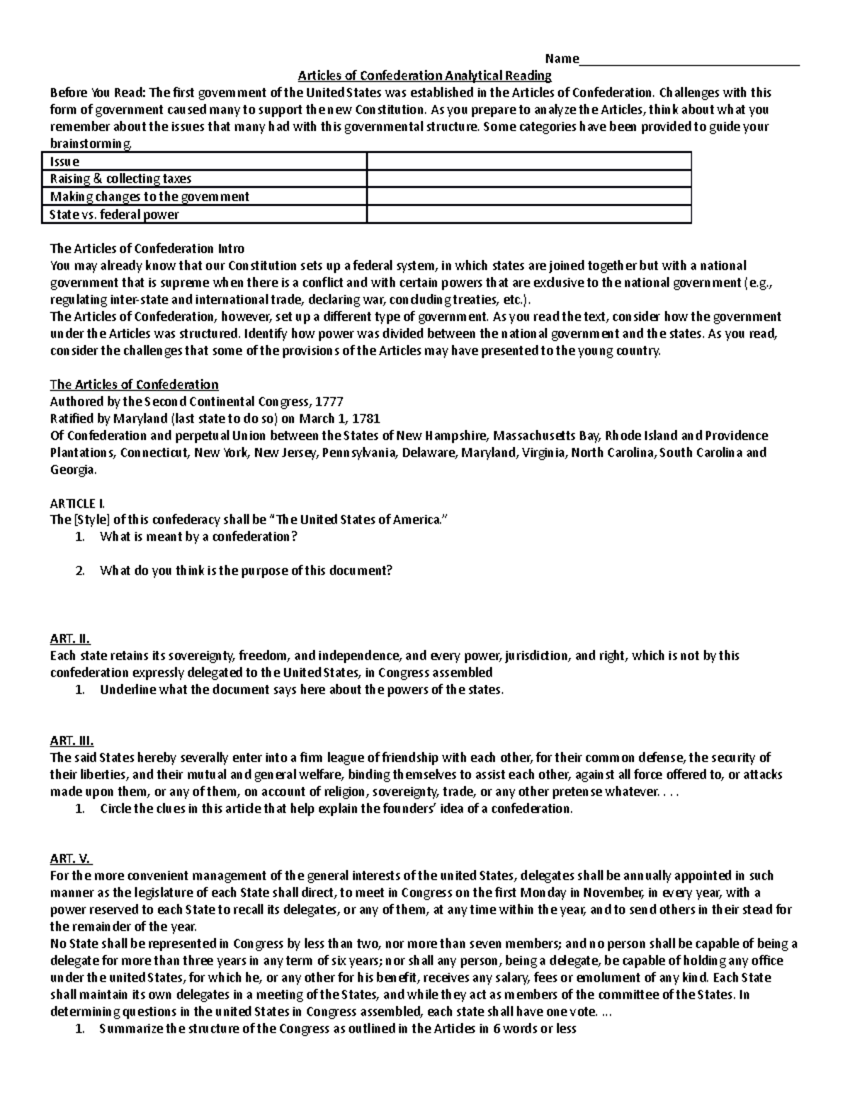 Articles of Confederation Analytical Reading - Name ...