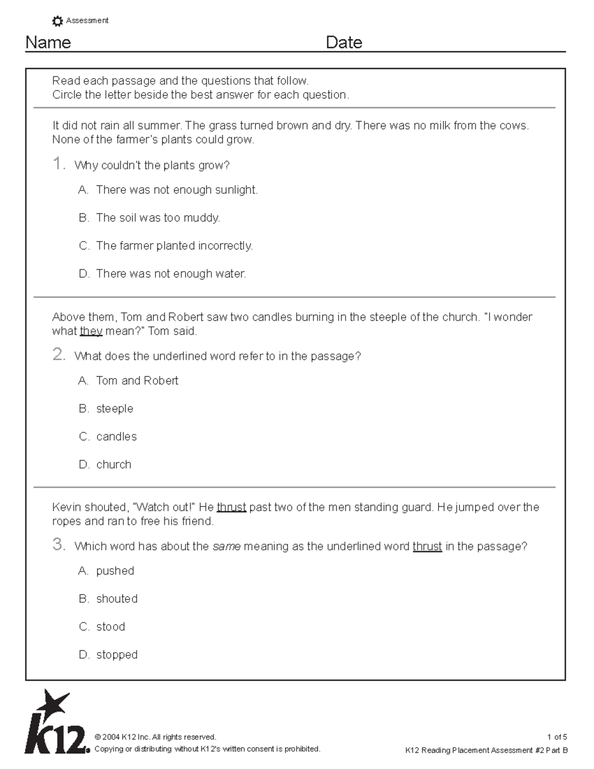 placement test for kindergarten - © 2004 K12 Inc. All rights reserved ...