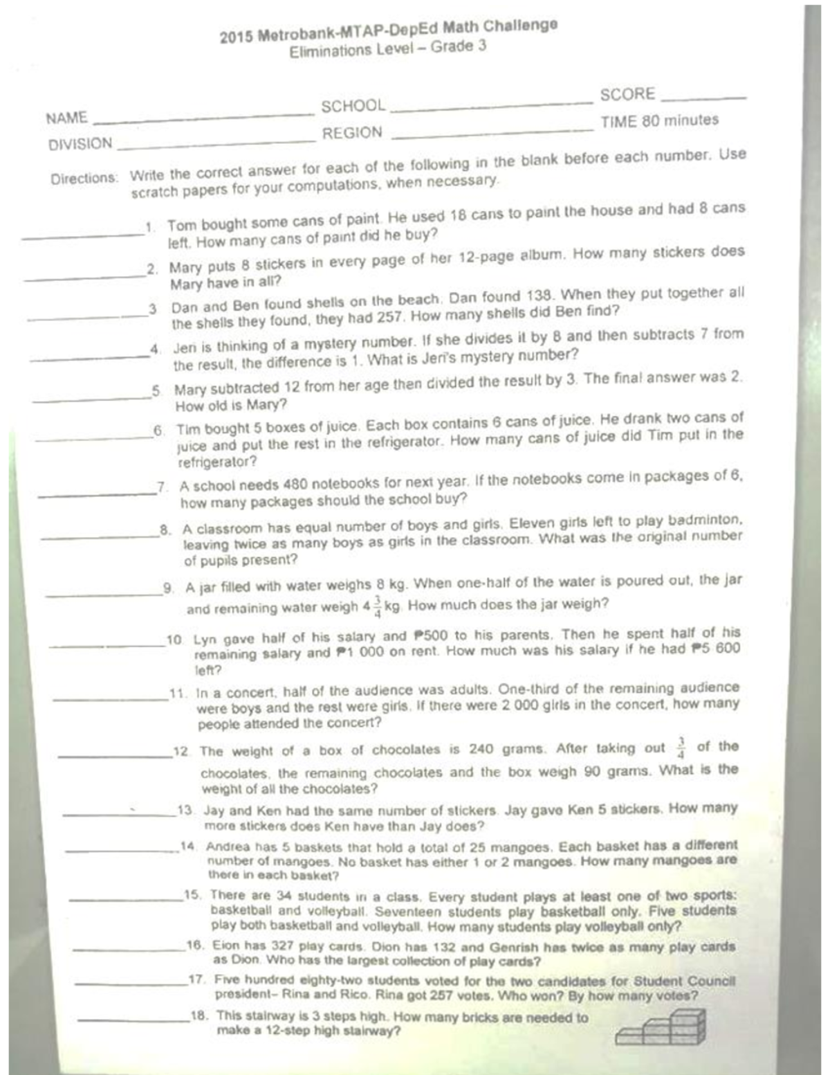 MTAP Reviewer for Grade 3 Questions with Answers and Solutions 2015 ...