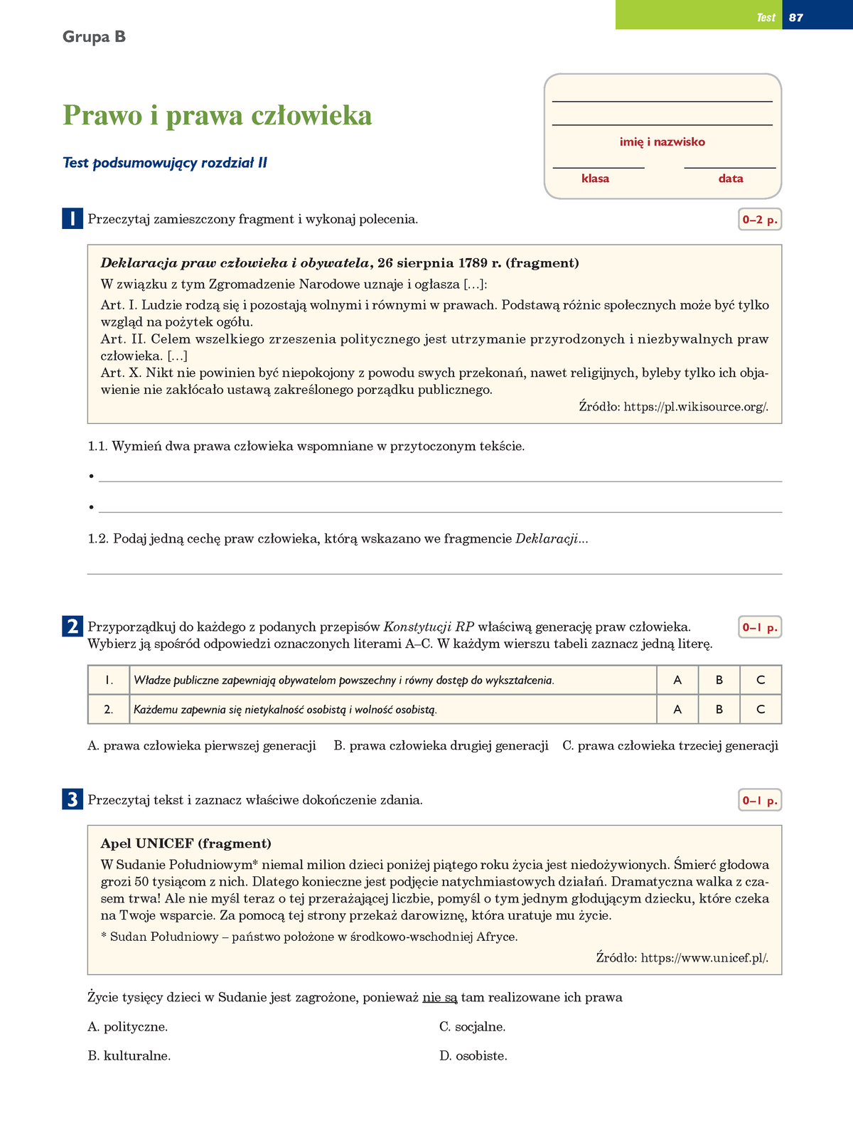 R2 Prawo I Prawa Czlowieka Test Sprawdzajacy Gru 1 - Test 87 Imię I ...