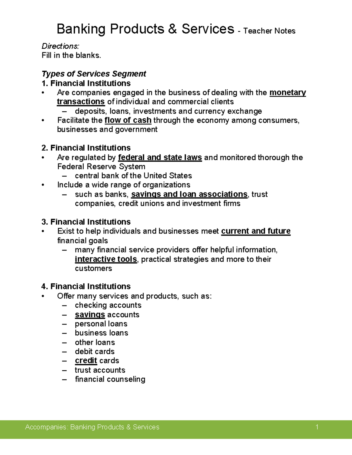 Teacher's Notes -Banking Products & Services - Directions: Fill In The ...