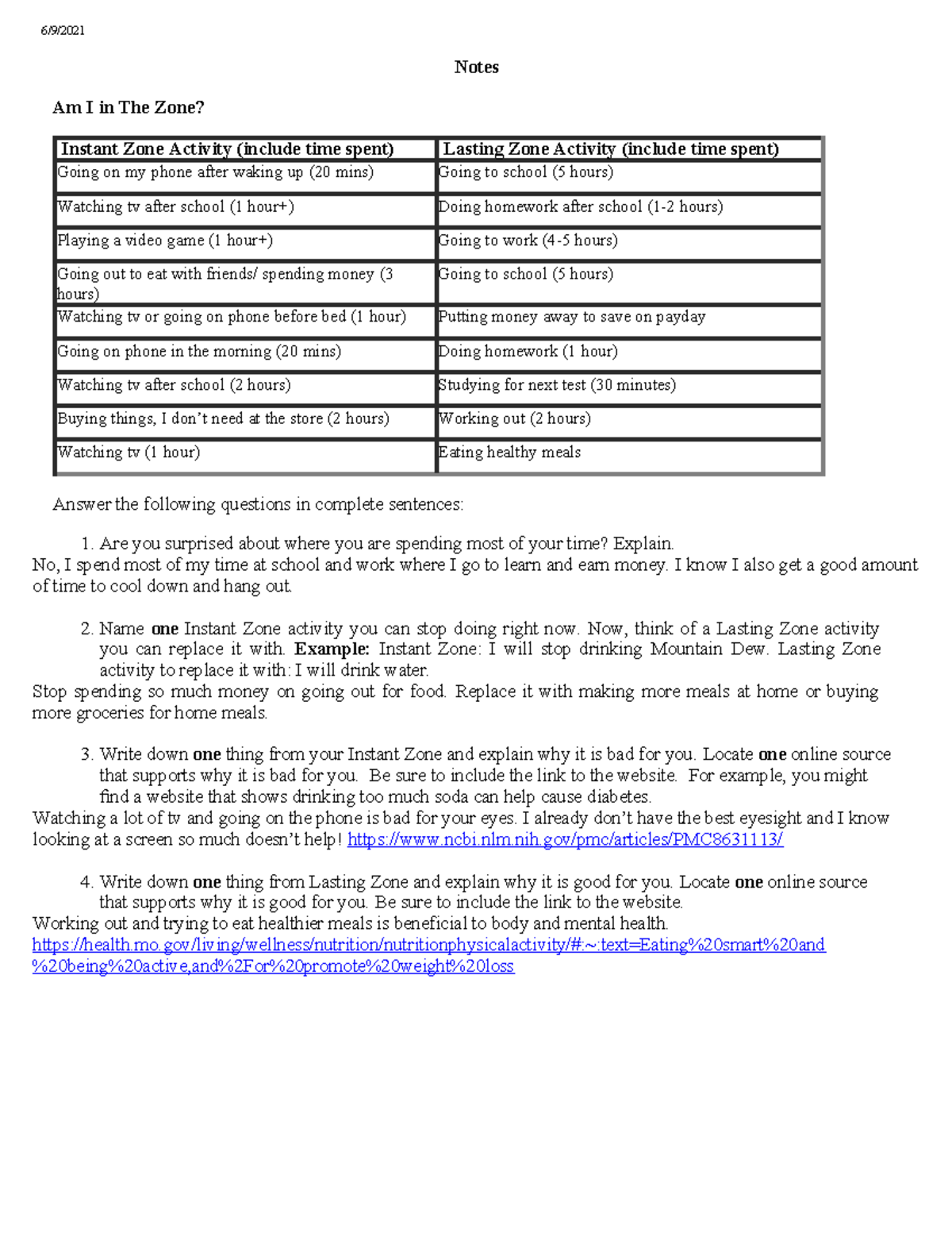 Chart peer counseling flvs 6/9/ Notes Am I in The Zone? Instant