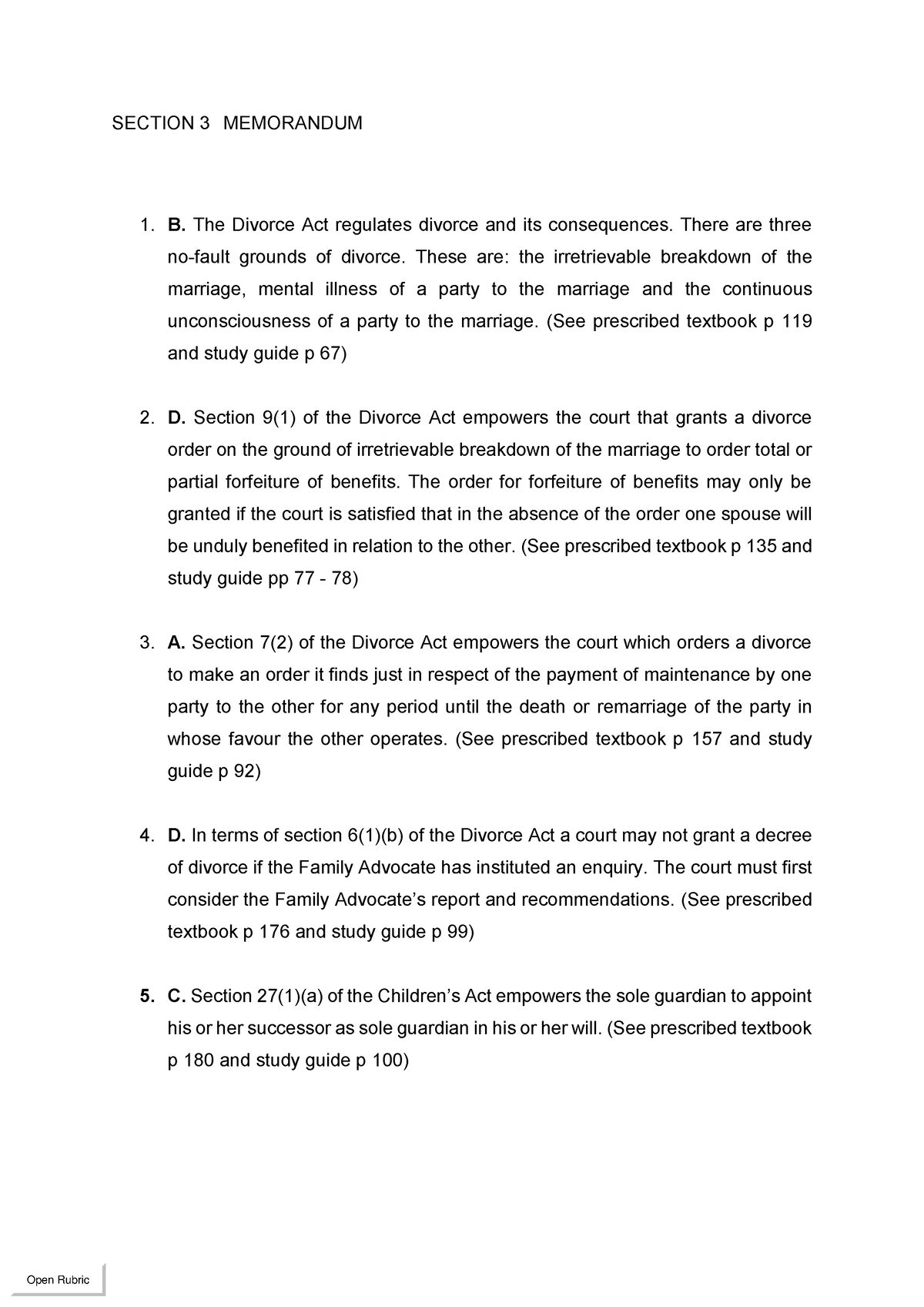 Pvl2601 Mcq 2022 01 Section 3 Memo Section 3 Memorandum B The Divorce Act Regulates Divorce 