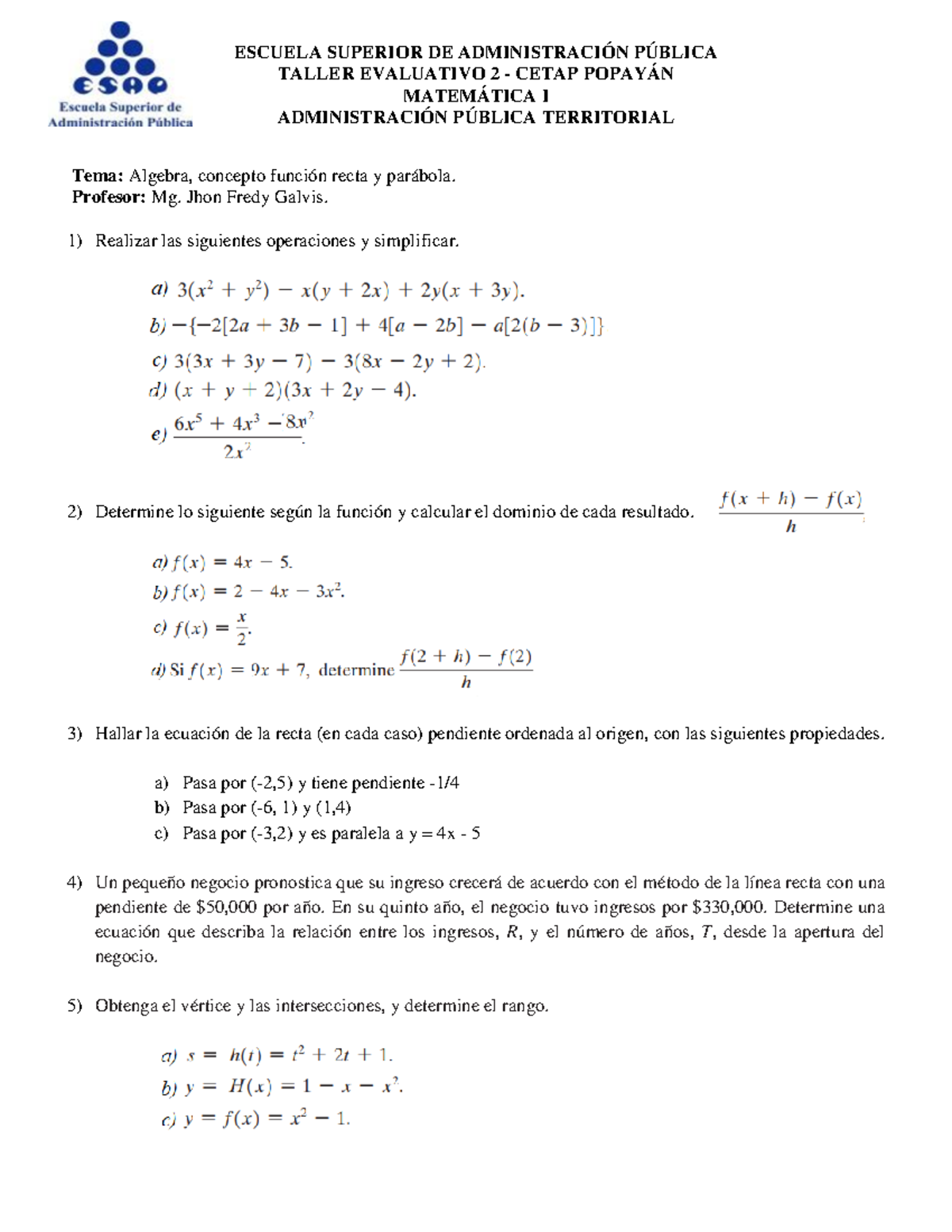 Taller 2. Ã Lgebra, Funci Ã³n Lineal Y Cuadratica 2023 - ESCUELA ...