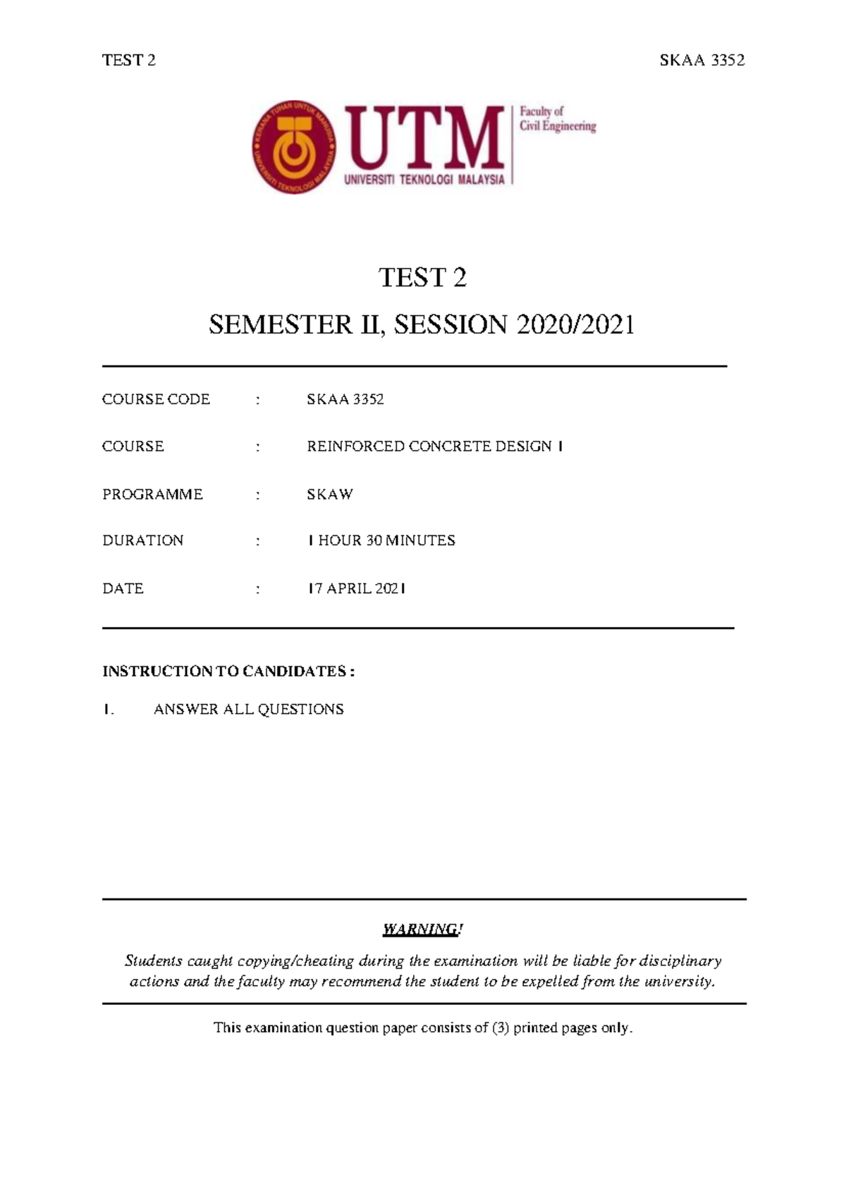 TEST 02 - UTMSPACE - TEST 2 SKAA 3352 TEST 2 SEMESTER II, SESSION 2020 ...