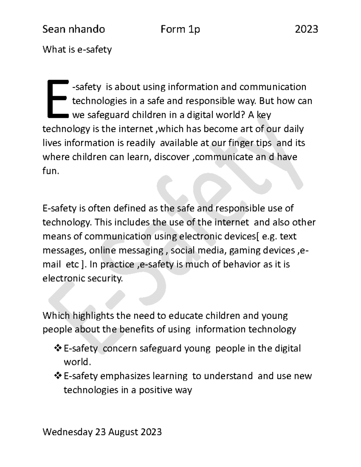 What is e safety 2 a good synopsis of information brought about by clear mandatory Sean