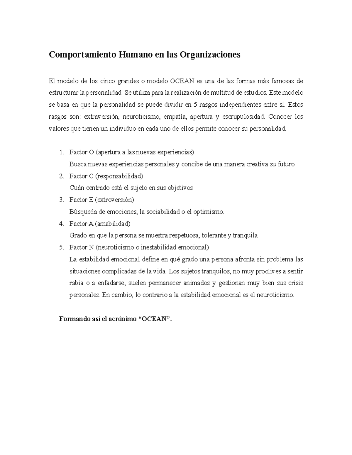 Los cinco factores de la personalidad - Comportamiento Humano en las ...