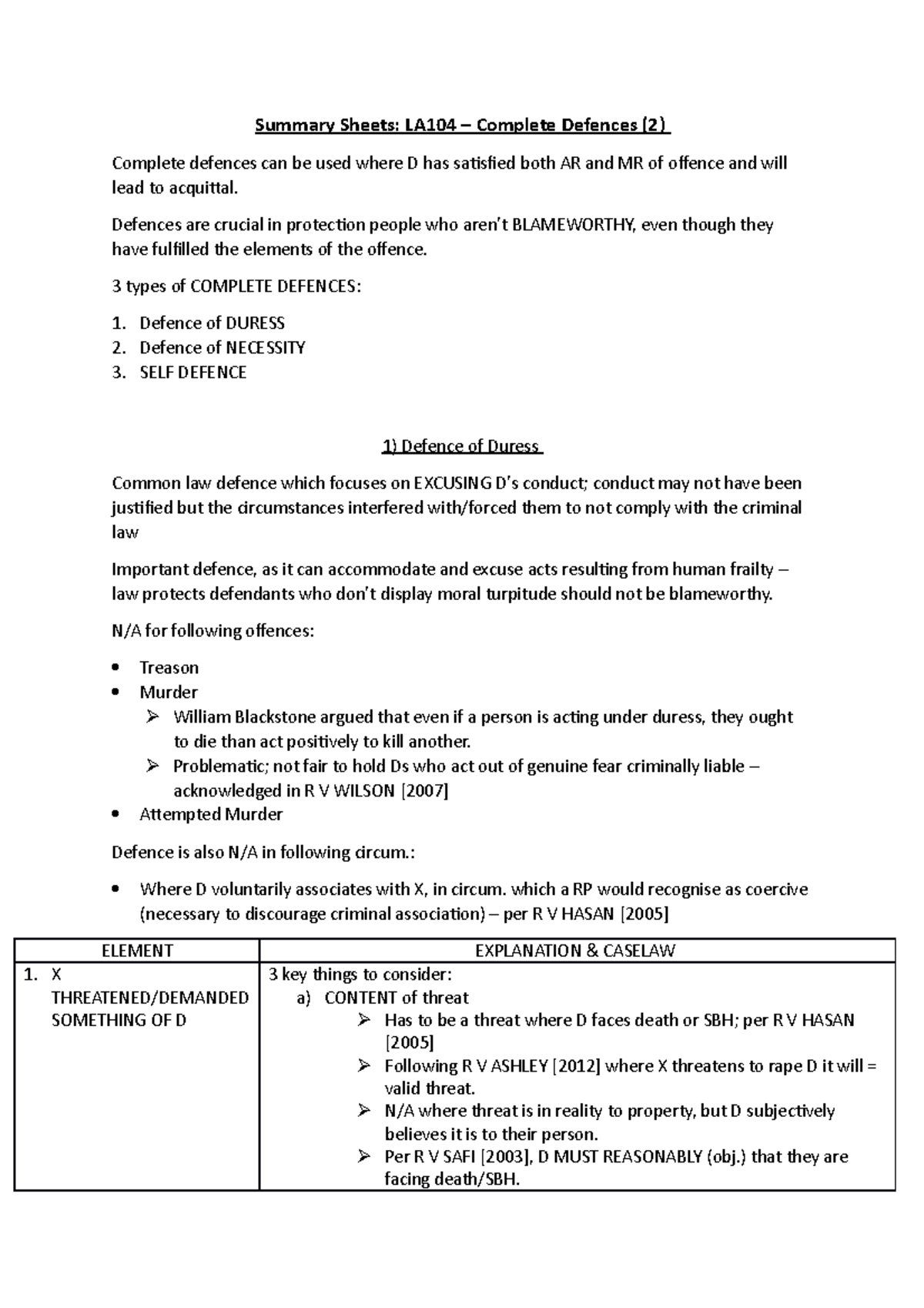 Covers the complete defences of Duress, SelfDefence and Necessity