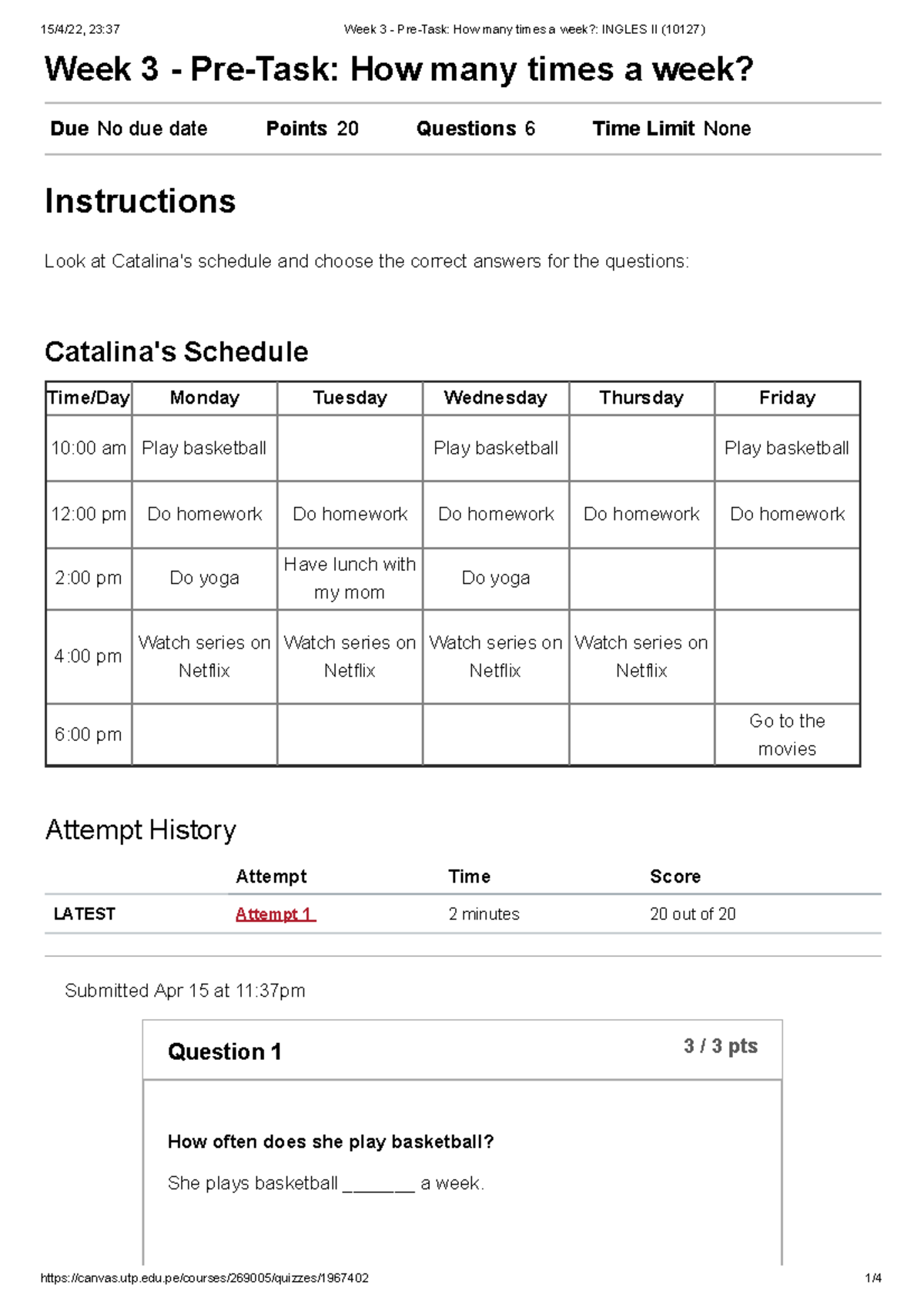 Week 3 Pre Task How Many Times A Week Ingles II 10127 Week 3