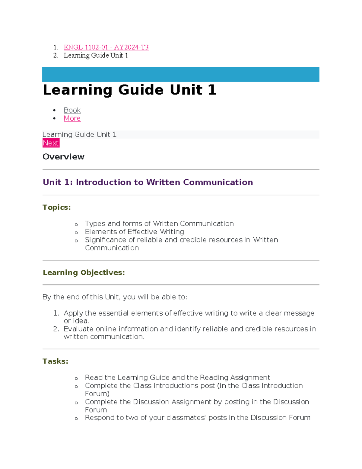 Learning Guide Unit 1 ENGL1102 English Composition - 1. ENGL 1102-01 ...