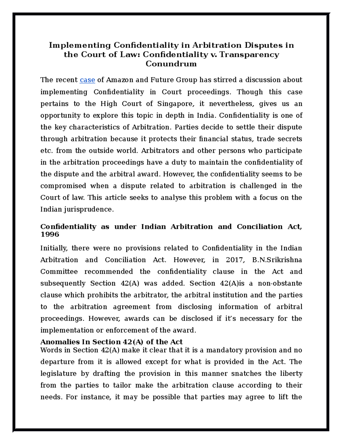 Implementing Confidentiality in Arbitration Disputes in the Court of