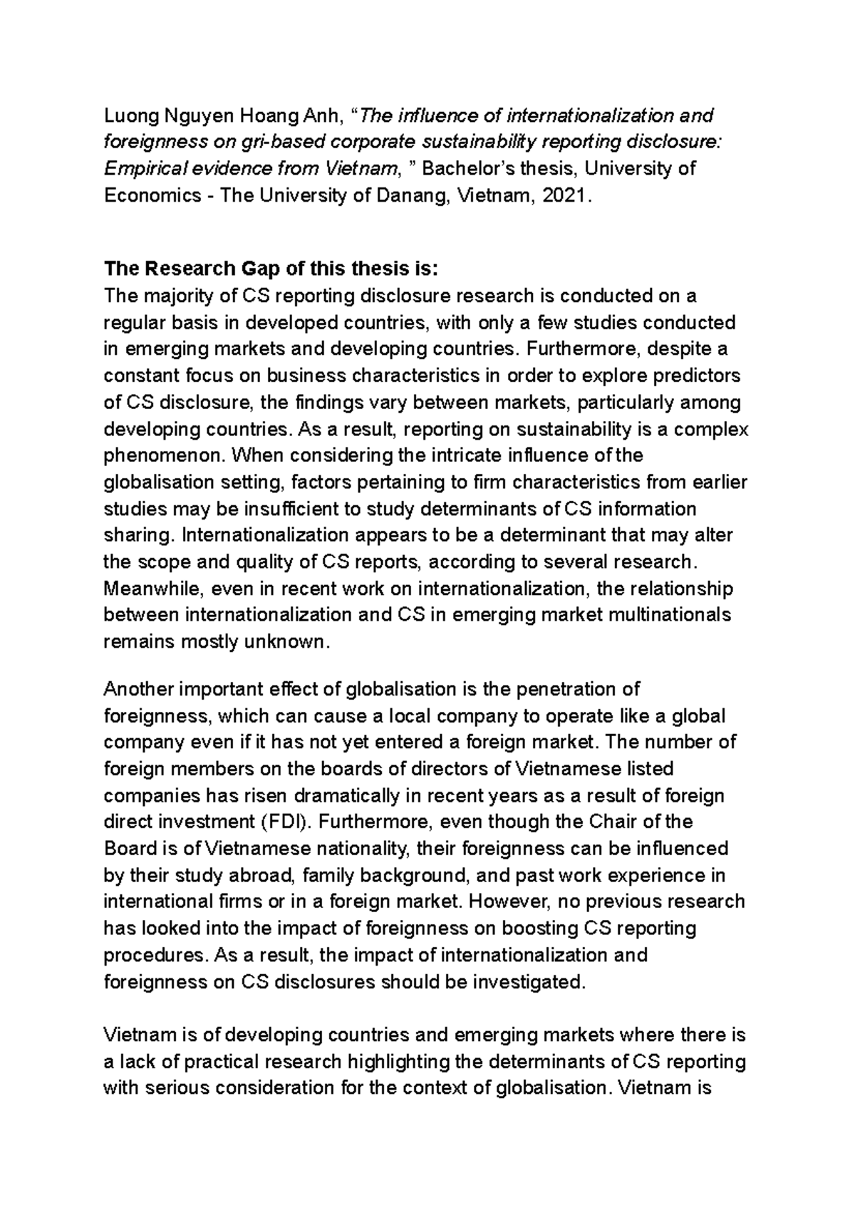 Research gap example - Luong Nguyen Hoang Anh, “The influence of ...