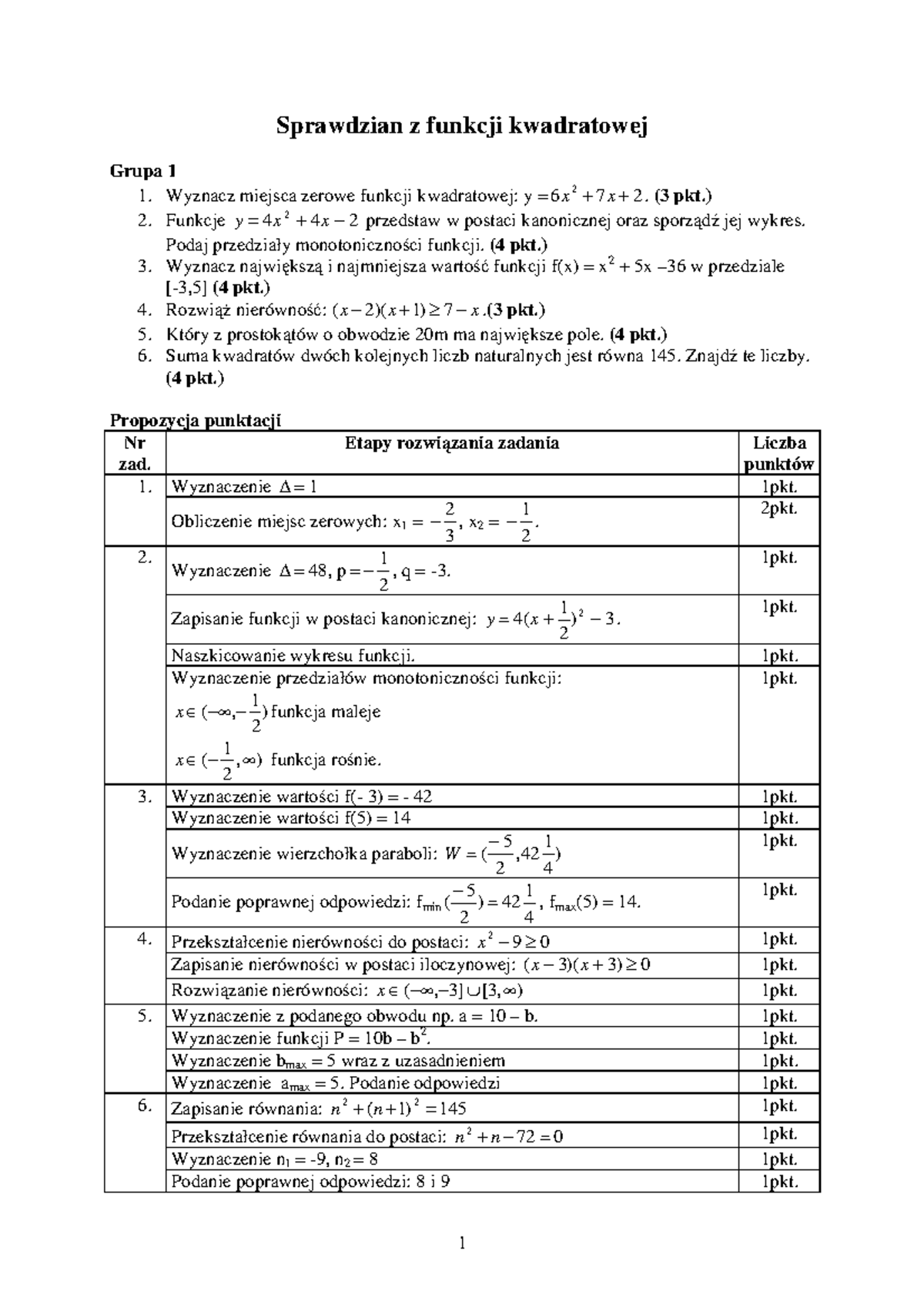 Sprawdzian Z Funkcji Kwadratowej Grupa A www.studocu.com