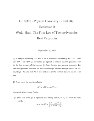 CHE 301 Homework Problems Exam 1 - CHE 301 - Studocu