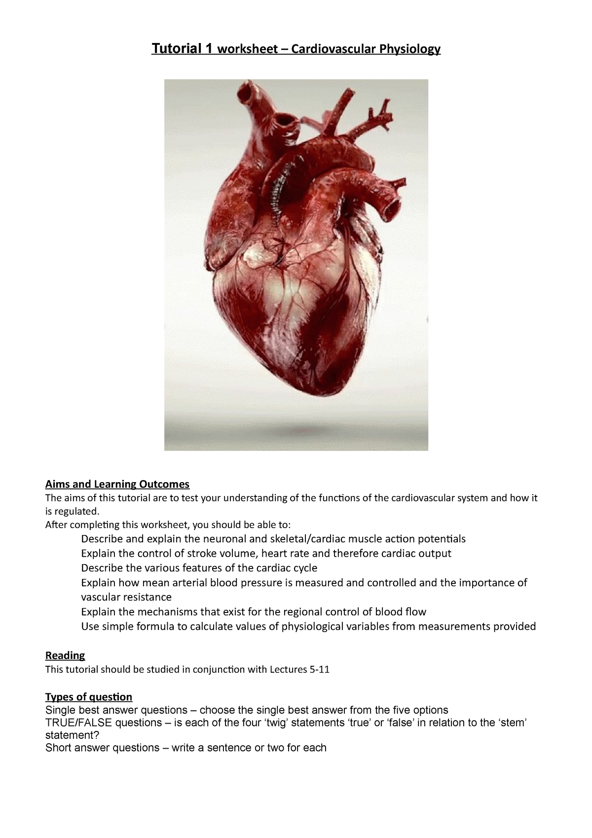 Tutorial 1-2122-student Version - Tutorial 1 Worksheet – Cardiovascular ...