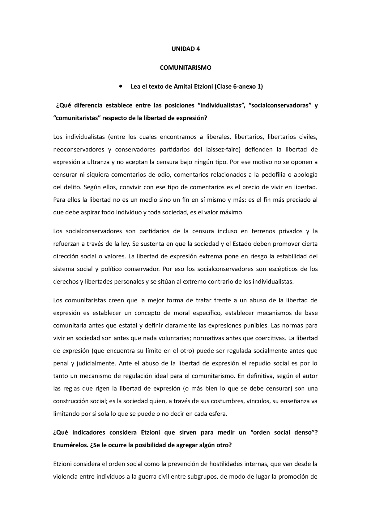 Comunitarismo - UNIDAD 4 COMUNITARISMO Lea el texto de Amitai Etzioni ...