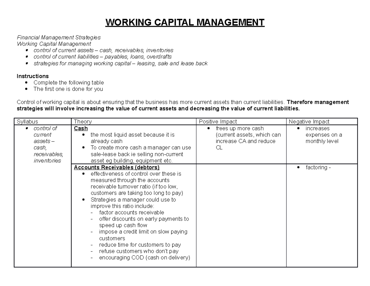Financial Management Strategies - Working Capital - WORKING CAPITAL ...