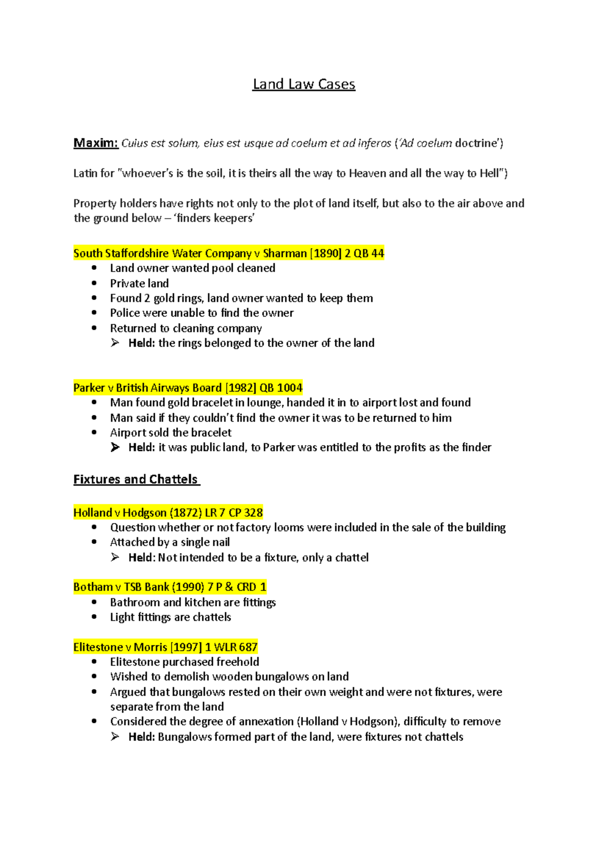 Land Law Key Cases Land Law Cases Maxim Cuius est solum, eius est