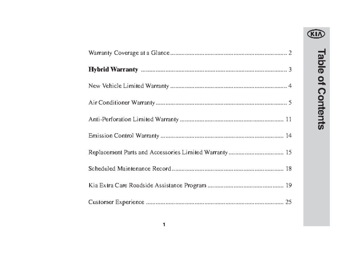2012 Kia Warranty Manual en Table of Contents Warranty Coverage at a