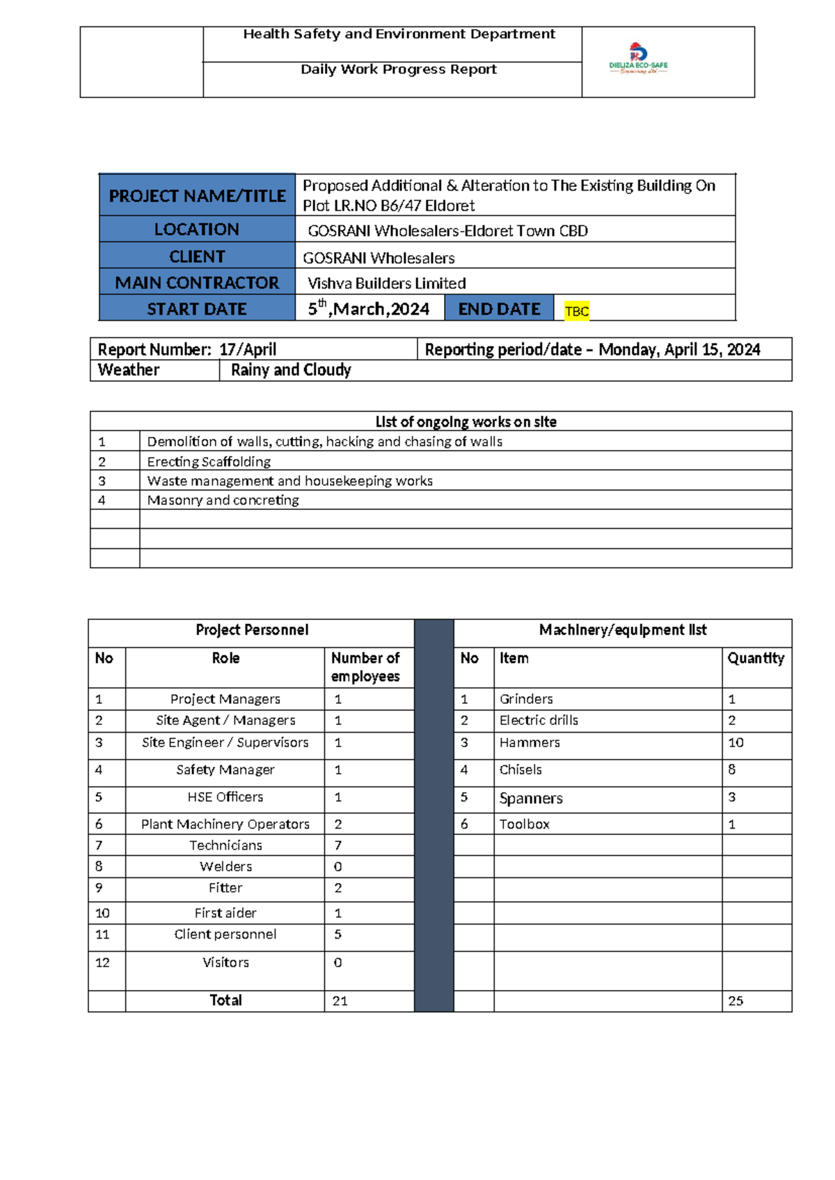 HSE 18 Daily Report - none - Daily Work Progress Report Report Number ...