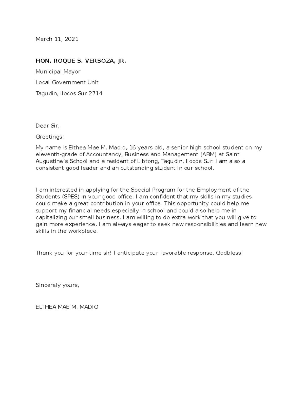 Application Letter Letter Letter Letter March 11 2021 HON ROQUE S 