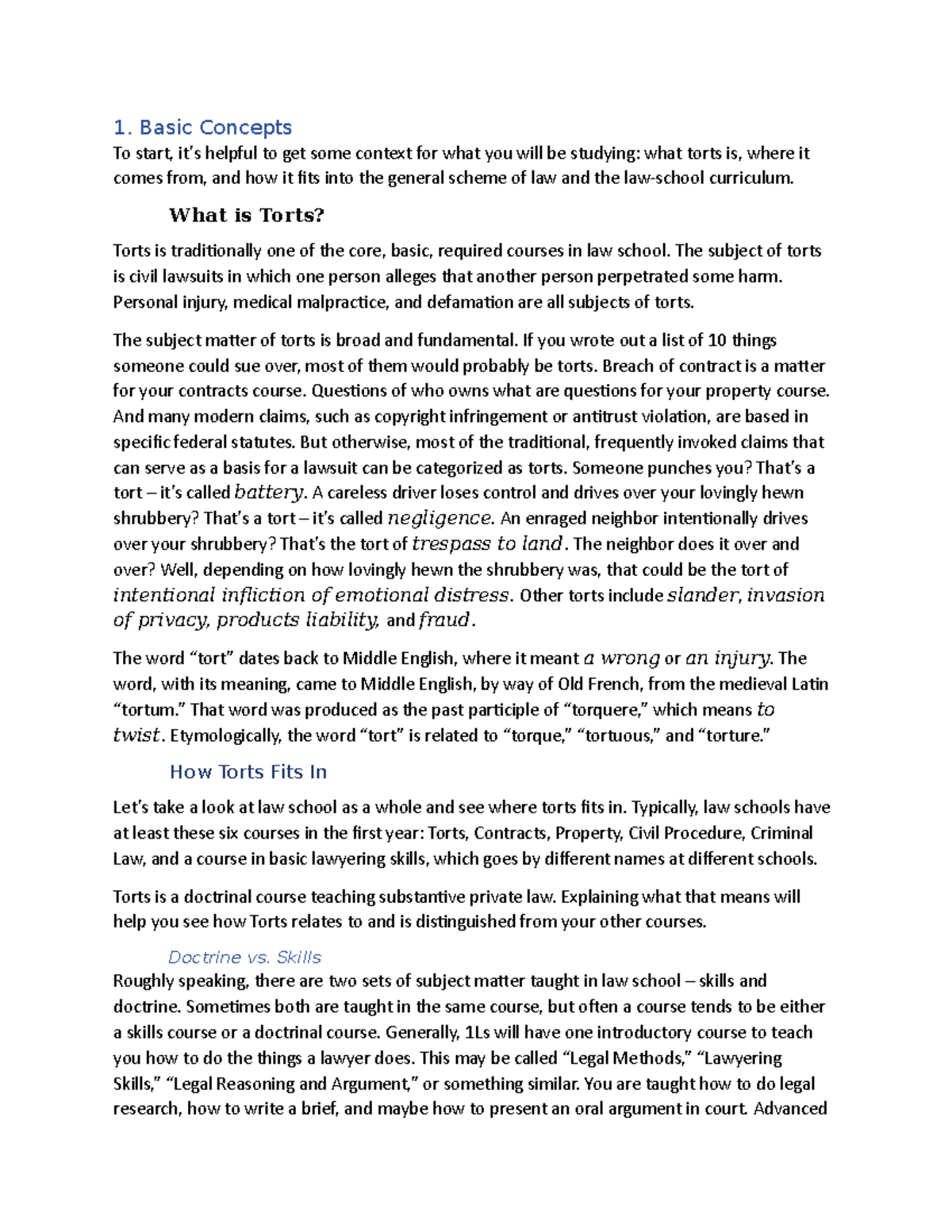 Tort Law M1 - Tort Law - 1. Basic Concepts To Start, It’s Helpful To ...