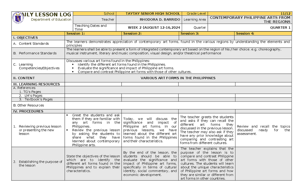 CPAR Q1 WEEK2 - Week 2 - DAILY LESSON LOG Department of Education ...