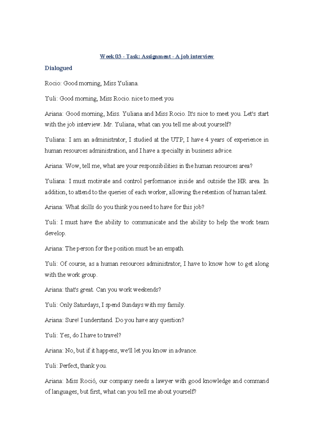 Week 03 -A job interview - Week 03 - Task: Assignment - A job interview ...