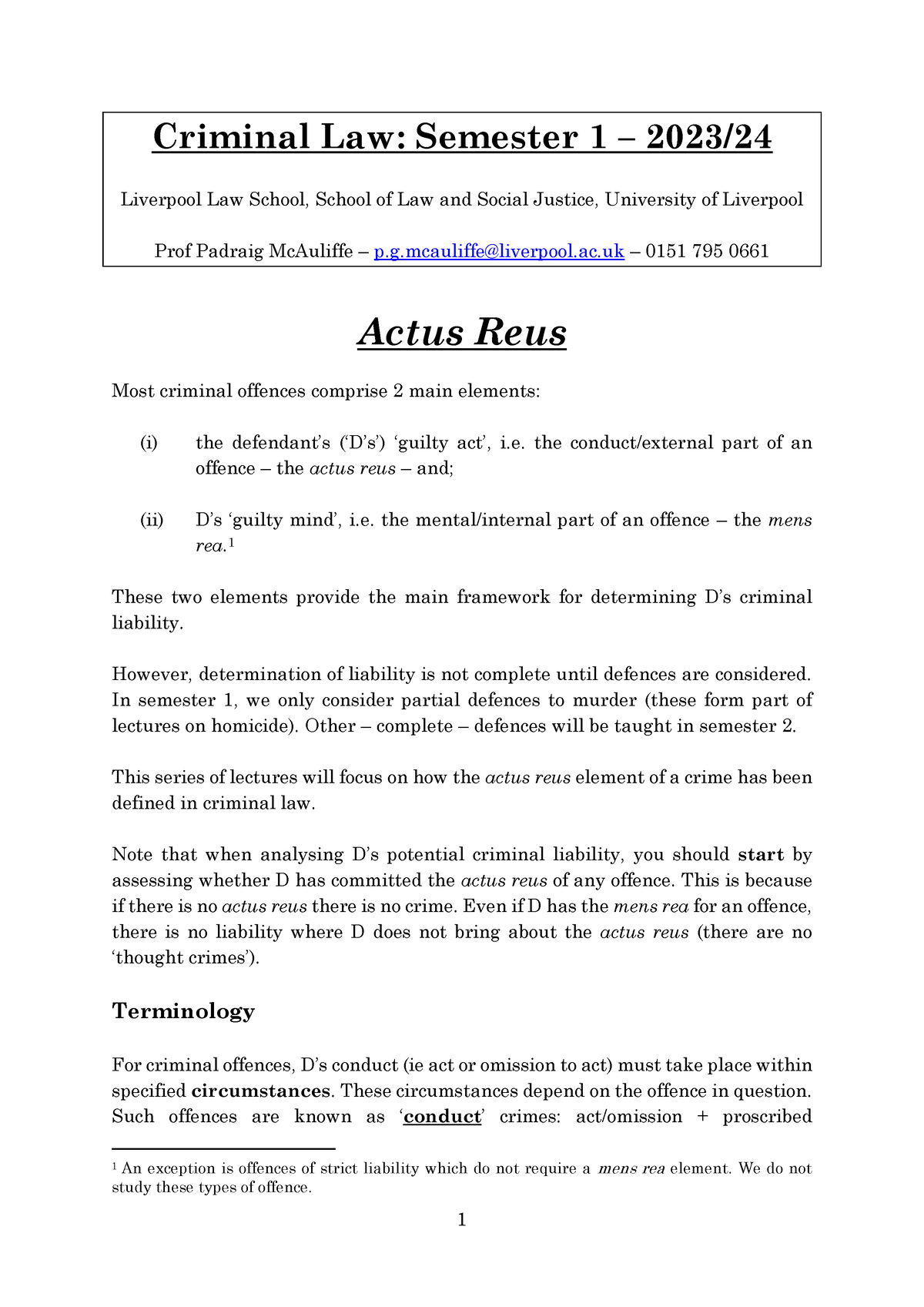 Actus Reus Handout 2023-24 - Criminal Law: Semester 1 – 2023 / 24 ...