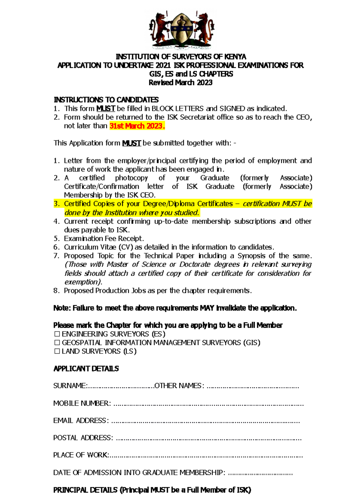10 Examination Application Form ES GIS LS Chapters 2023 - APPLICATION ...