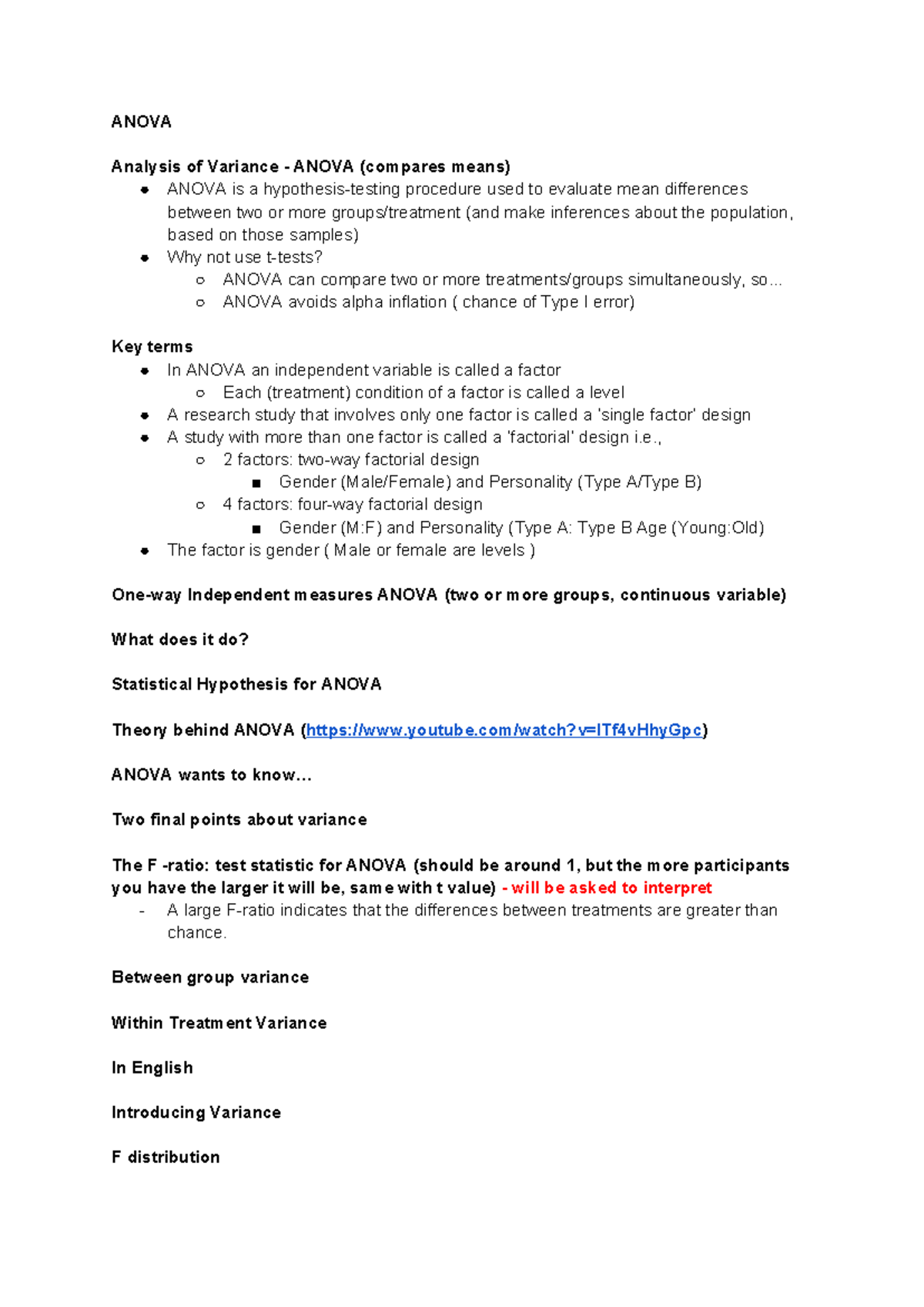 Session 3 Notes - ANOVA Analysis of Variance - ANOVA (compares means ...