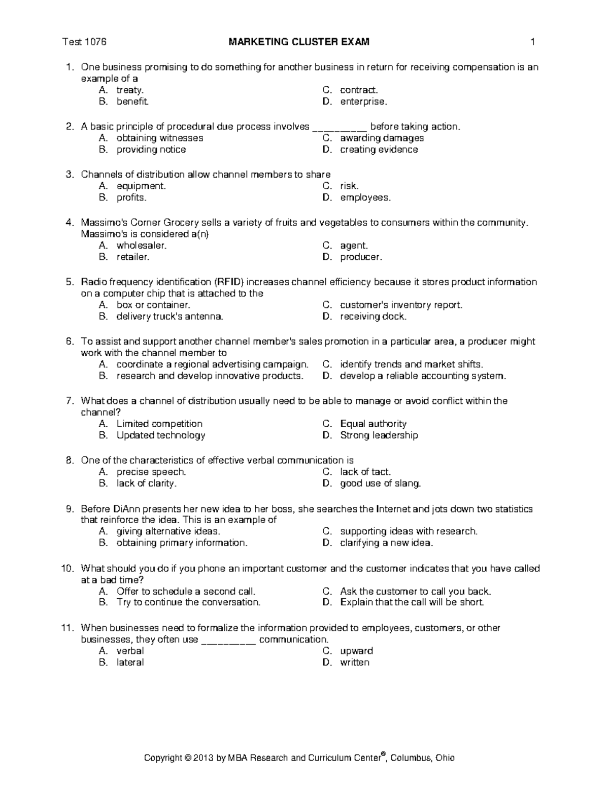 State marketing cluster exam 2013 - Test 1076 MARKETING CLUSTER EXAM 1 ...