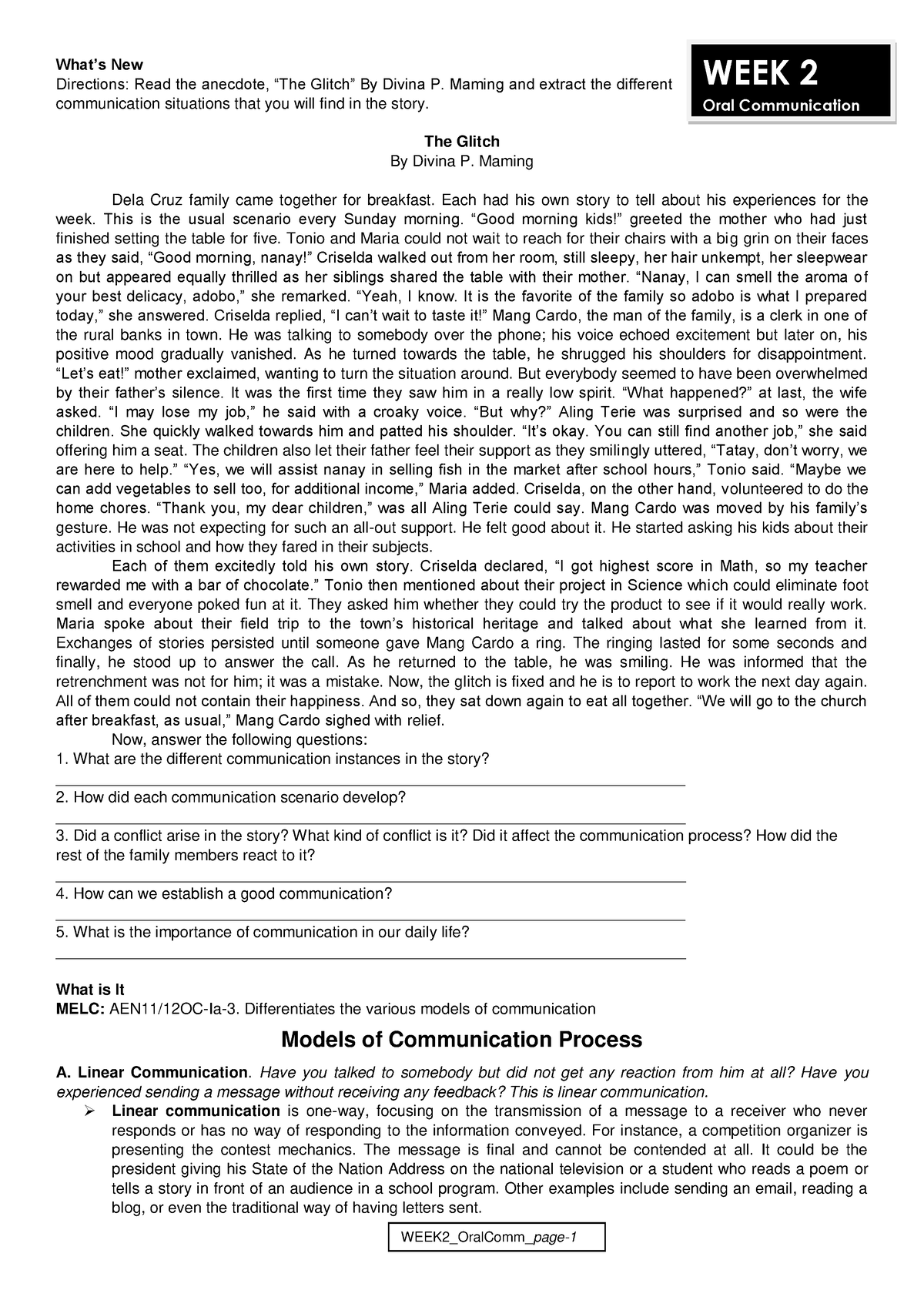 WEEK1 ORAL-COMM Handouts-1 - WEEK 2 Oral Communication What’s New ...