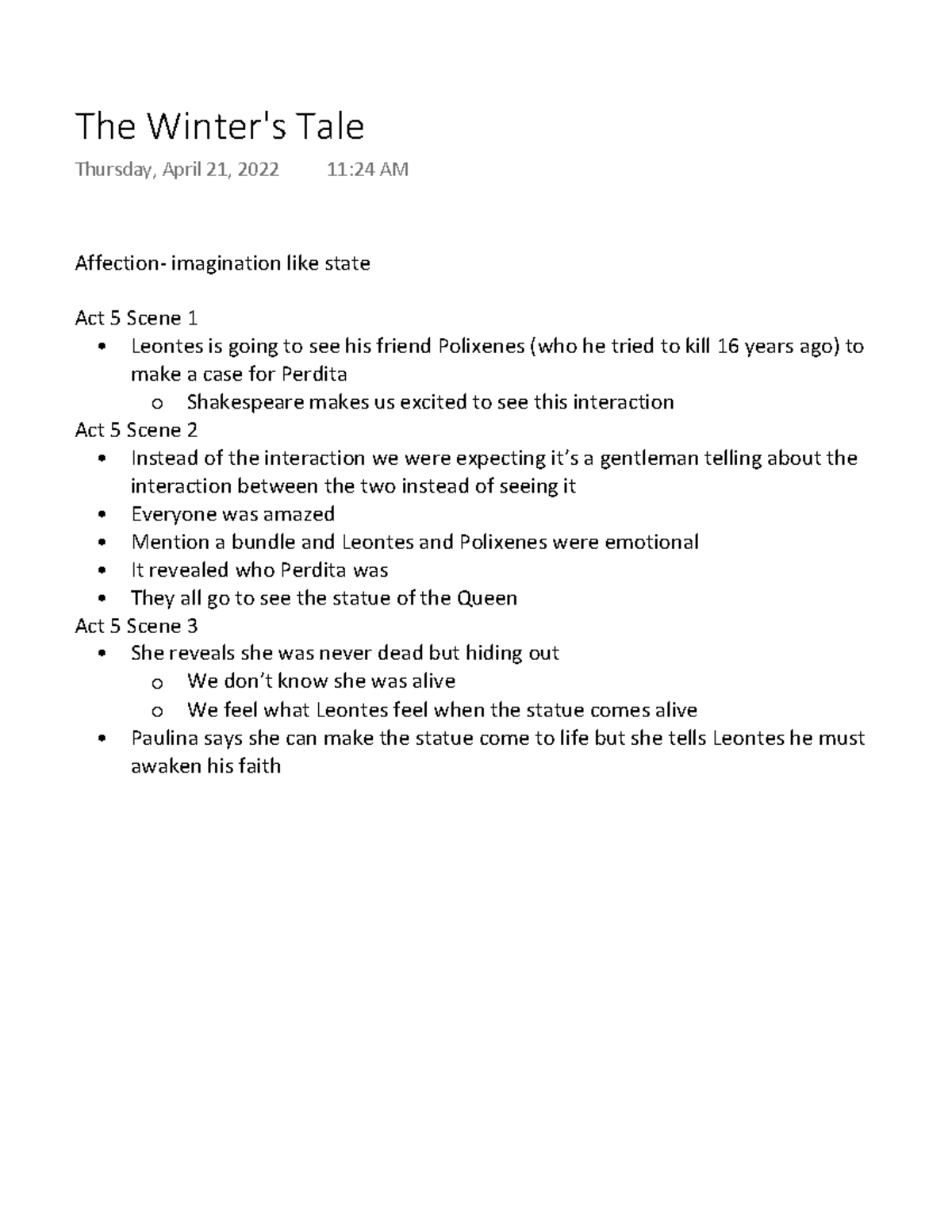 The Winter's Tale Act 5 - These are lectures notes from the classes on ...